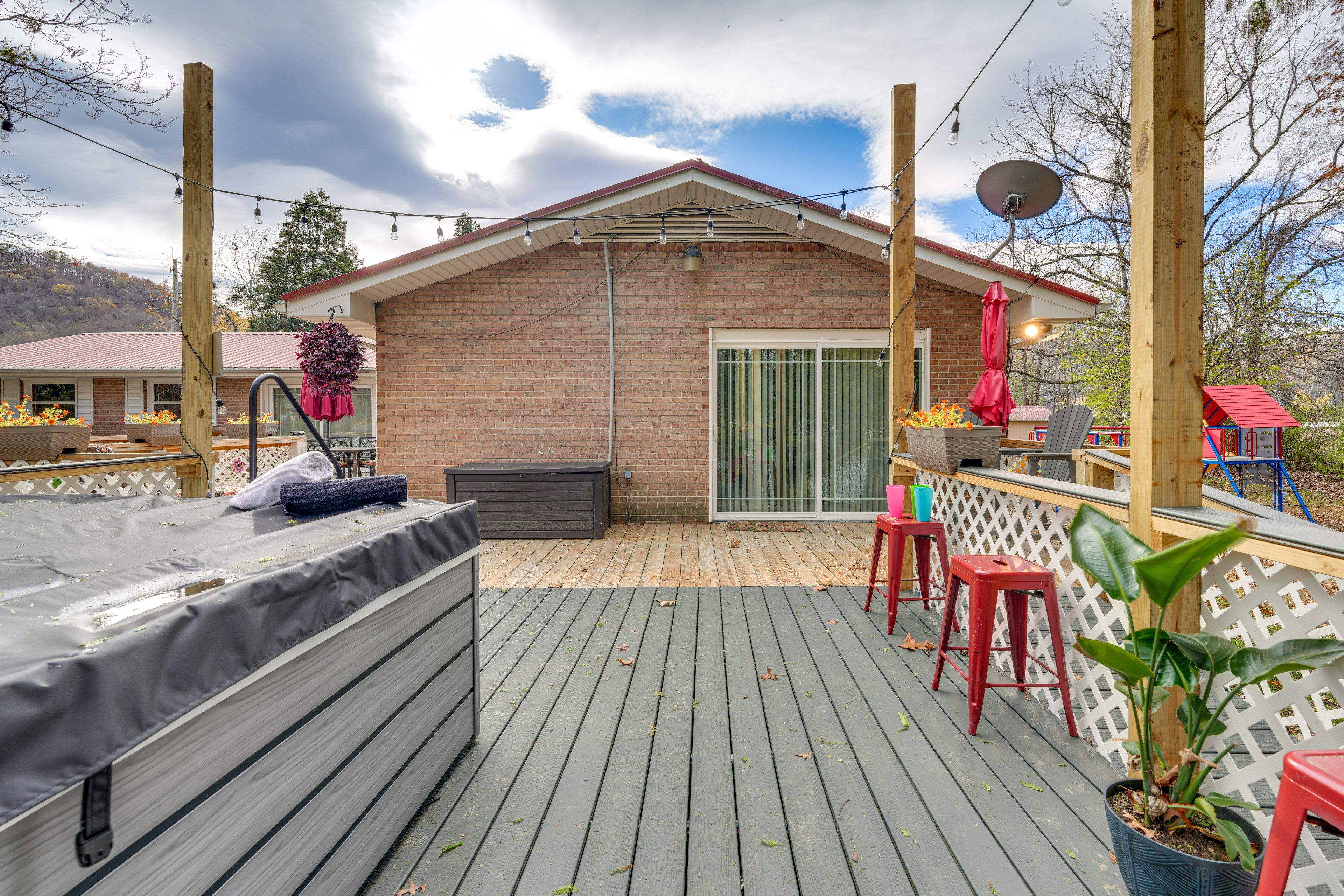 Hot Tub | Deck Lighting | Bar Table | Views of River & Kids Play Set
