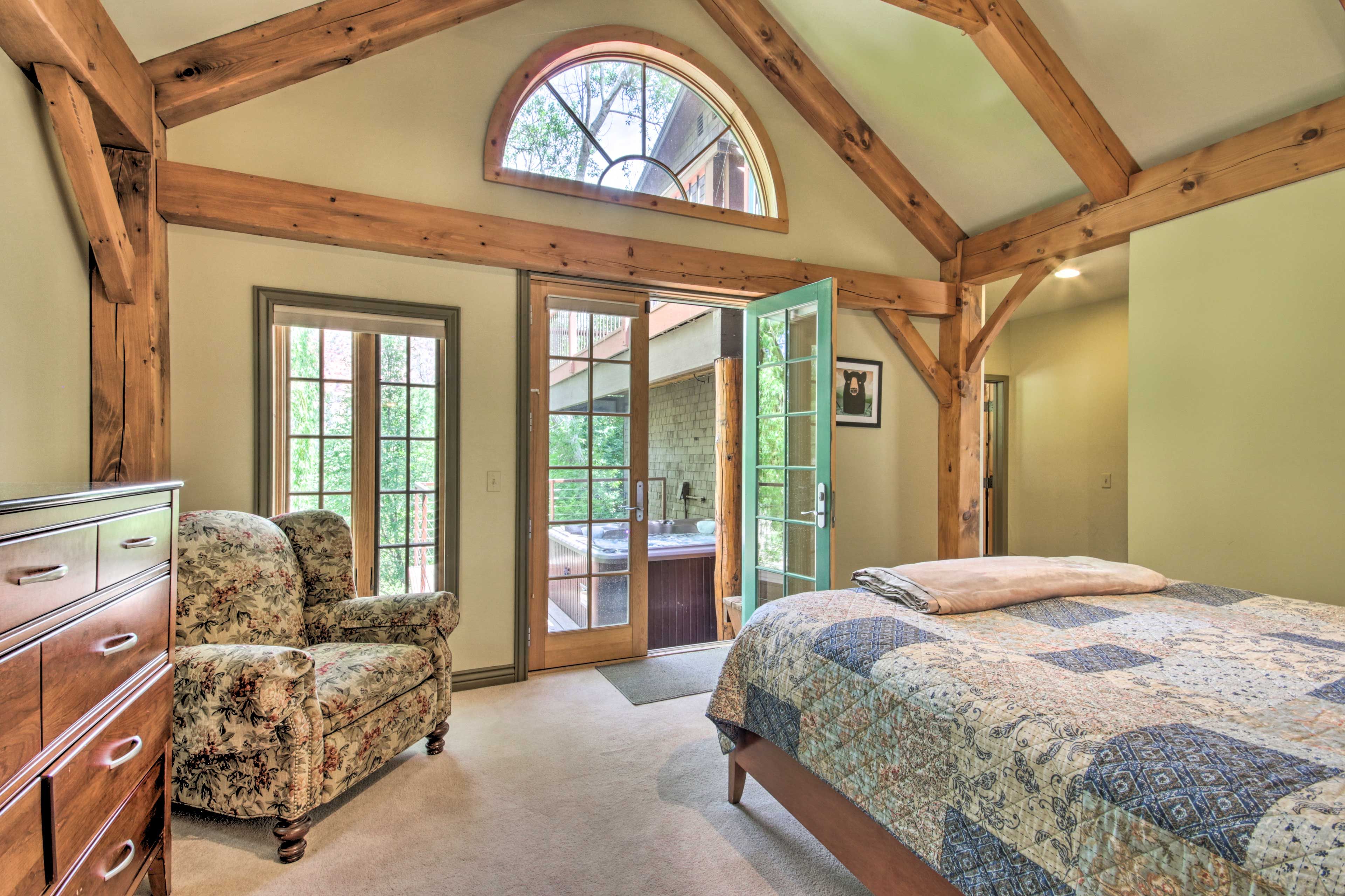 Main House | Bedroom 1 | Linens Provided | Access to Private Hot Tub
