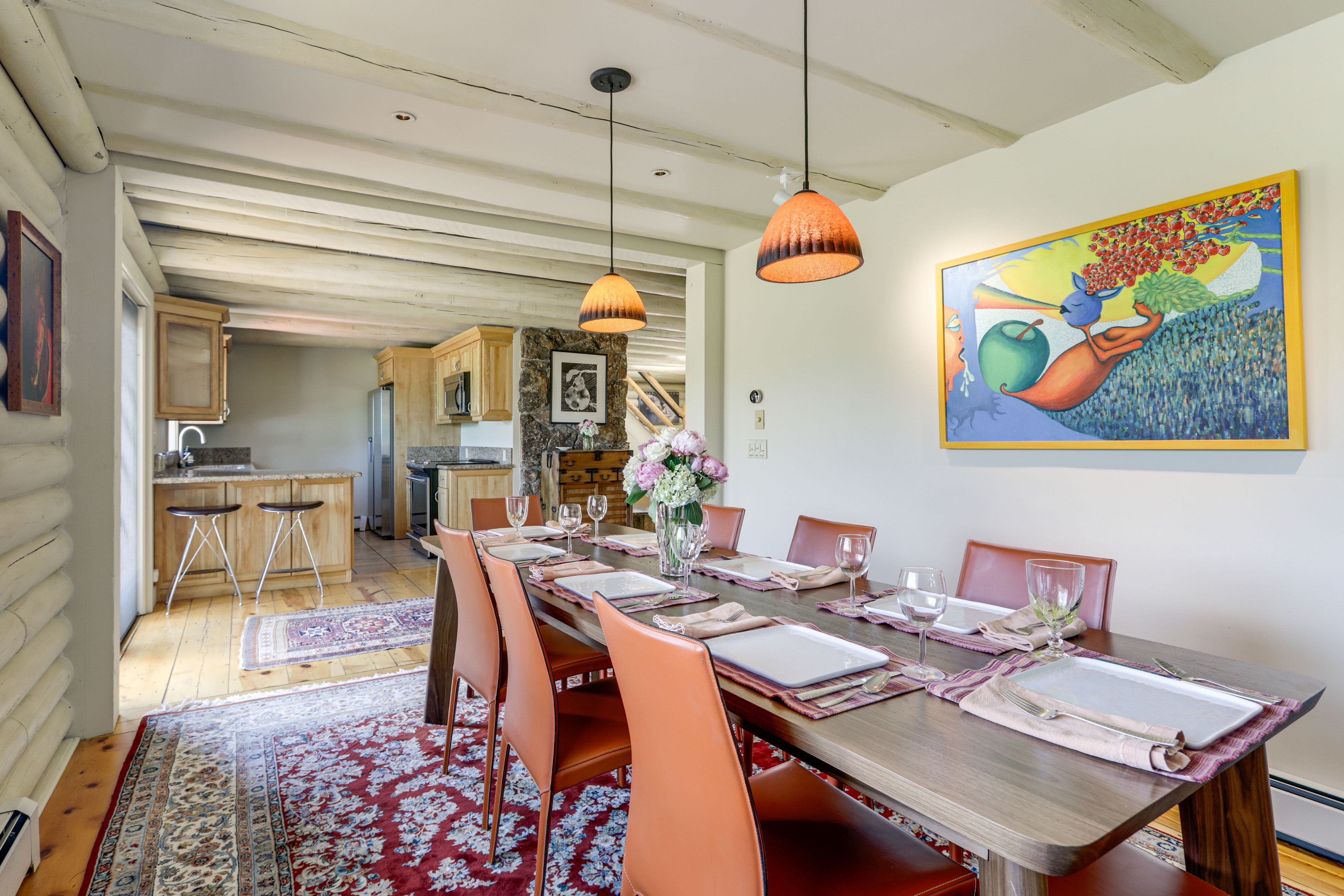 Kitchen & Dining Area | Exposed White-Wood Beams | Updated Furnishings