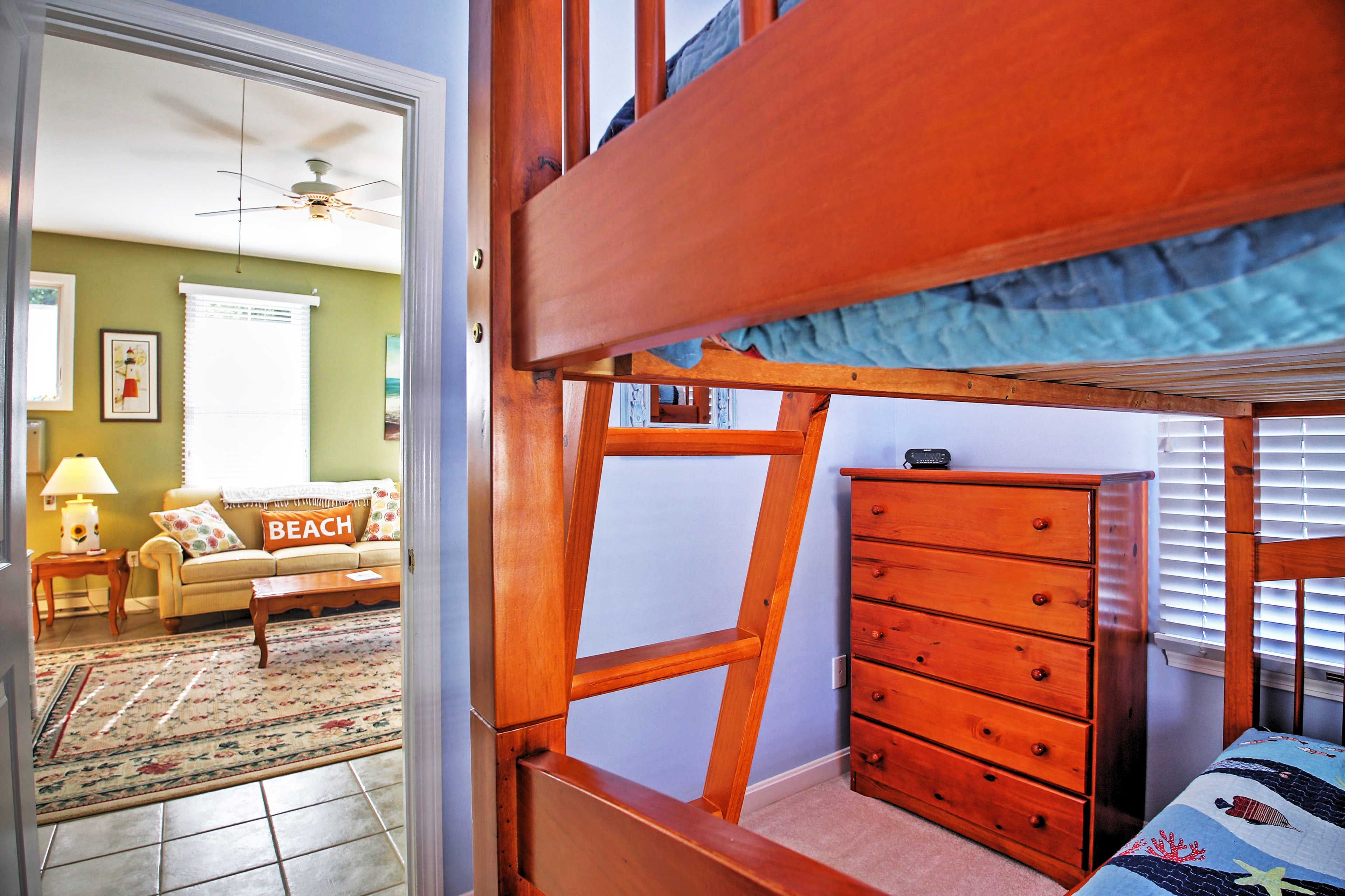 This bunk room is located right off the living room.