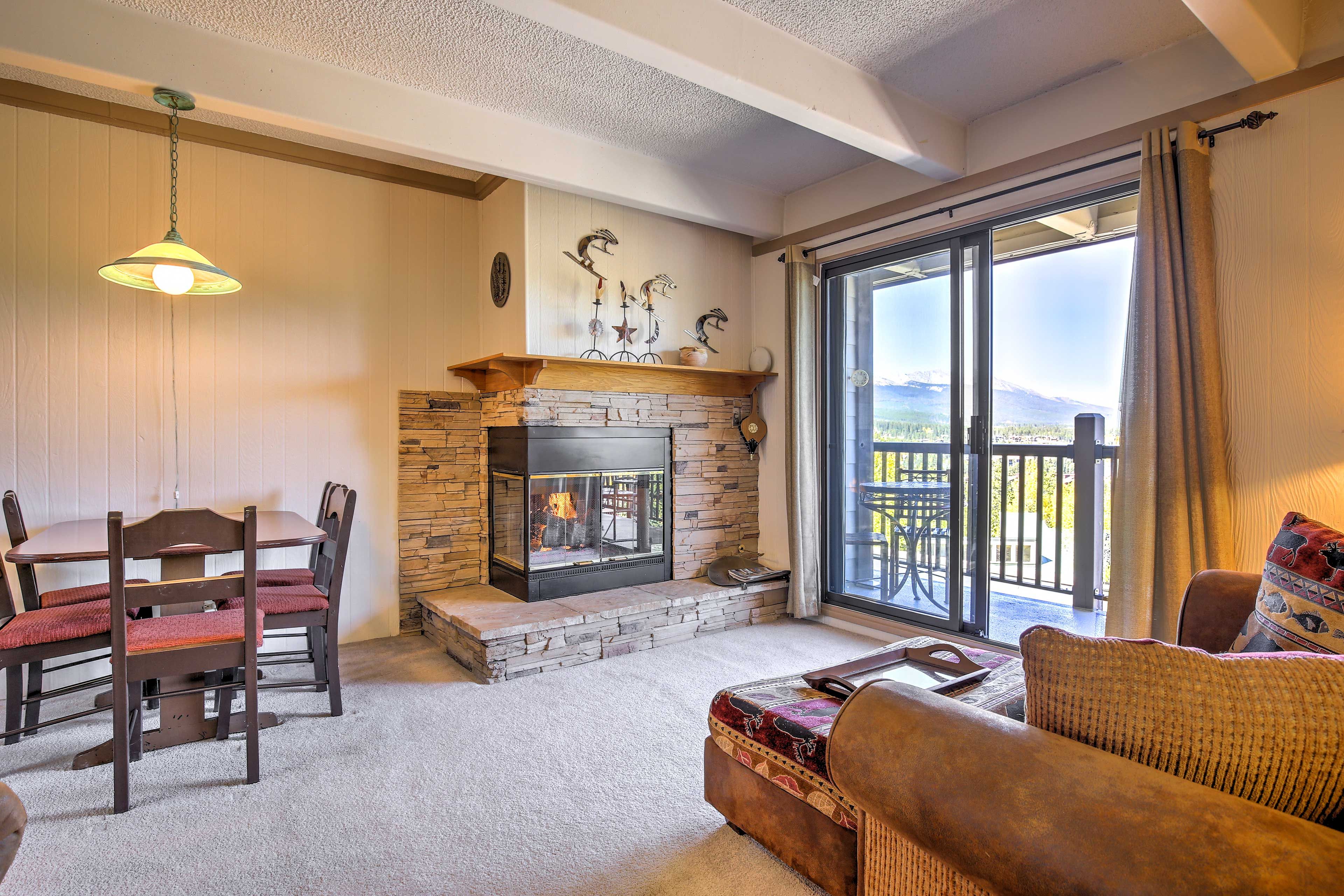 Curl up by the stone fireplace during the winter months.