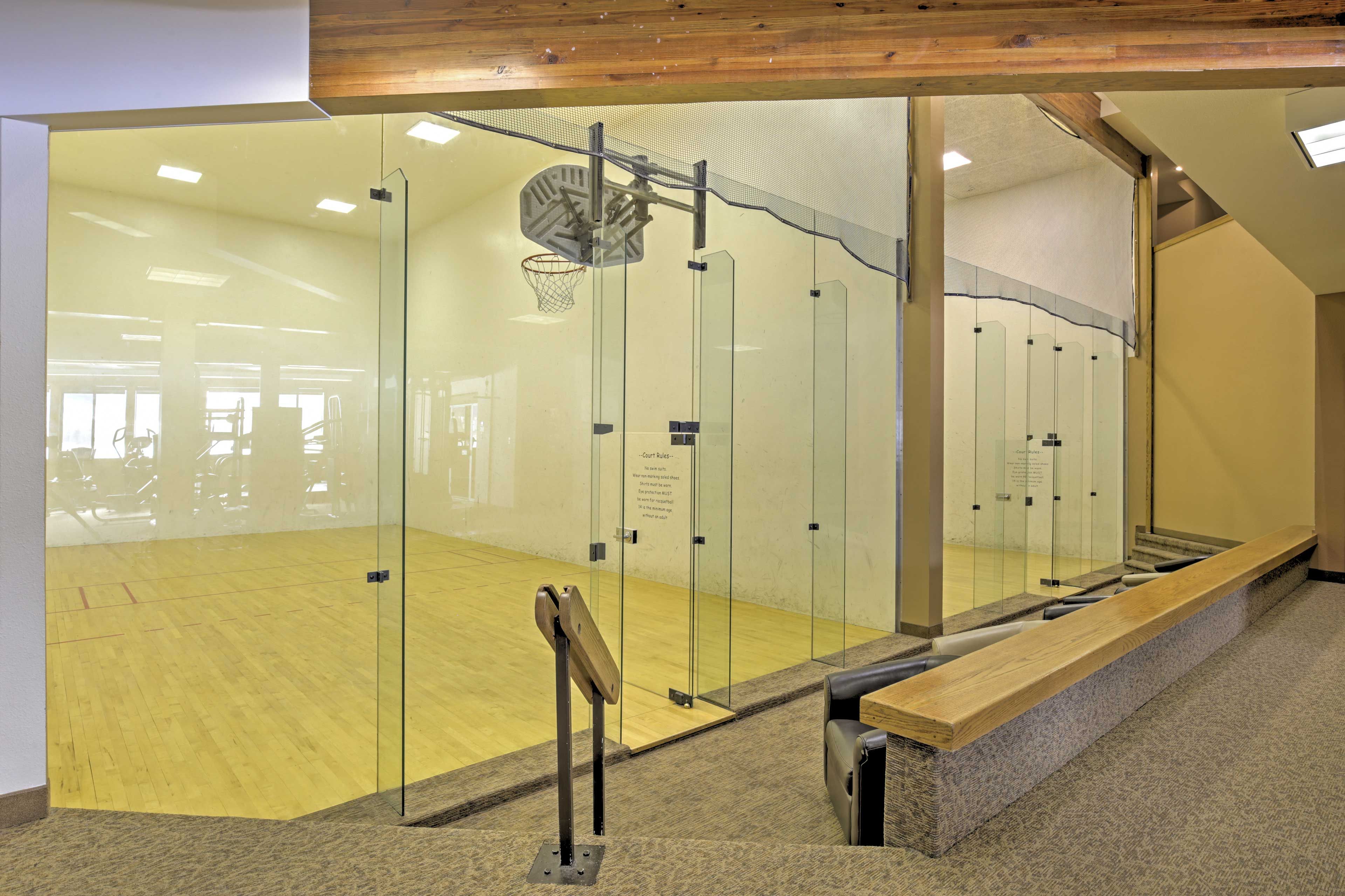 Challenge your companions to a game of racquetball.