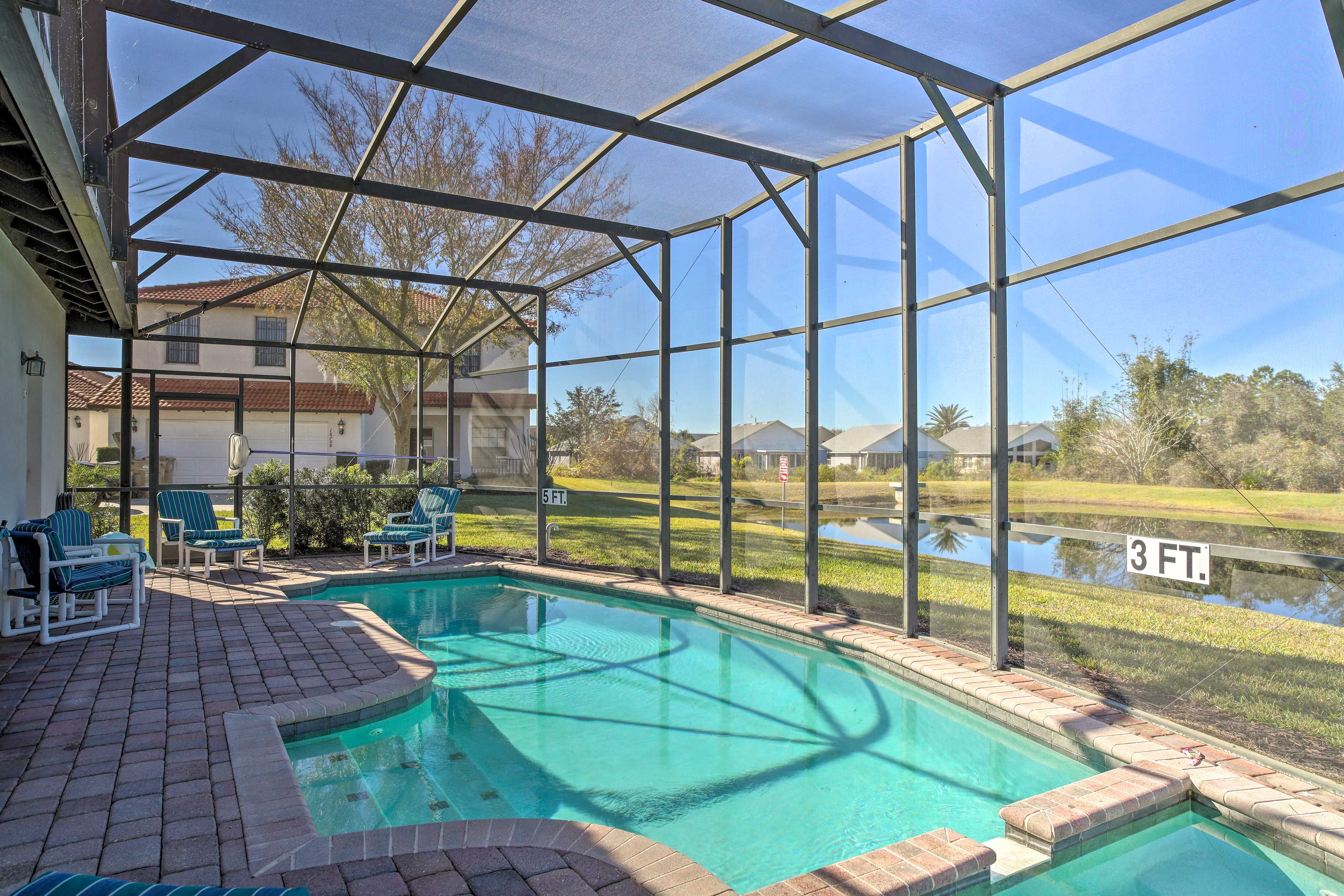 Screened-In Private Pool | Lounge Seating | Outdoor Dining | Water Views