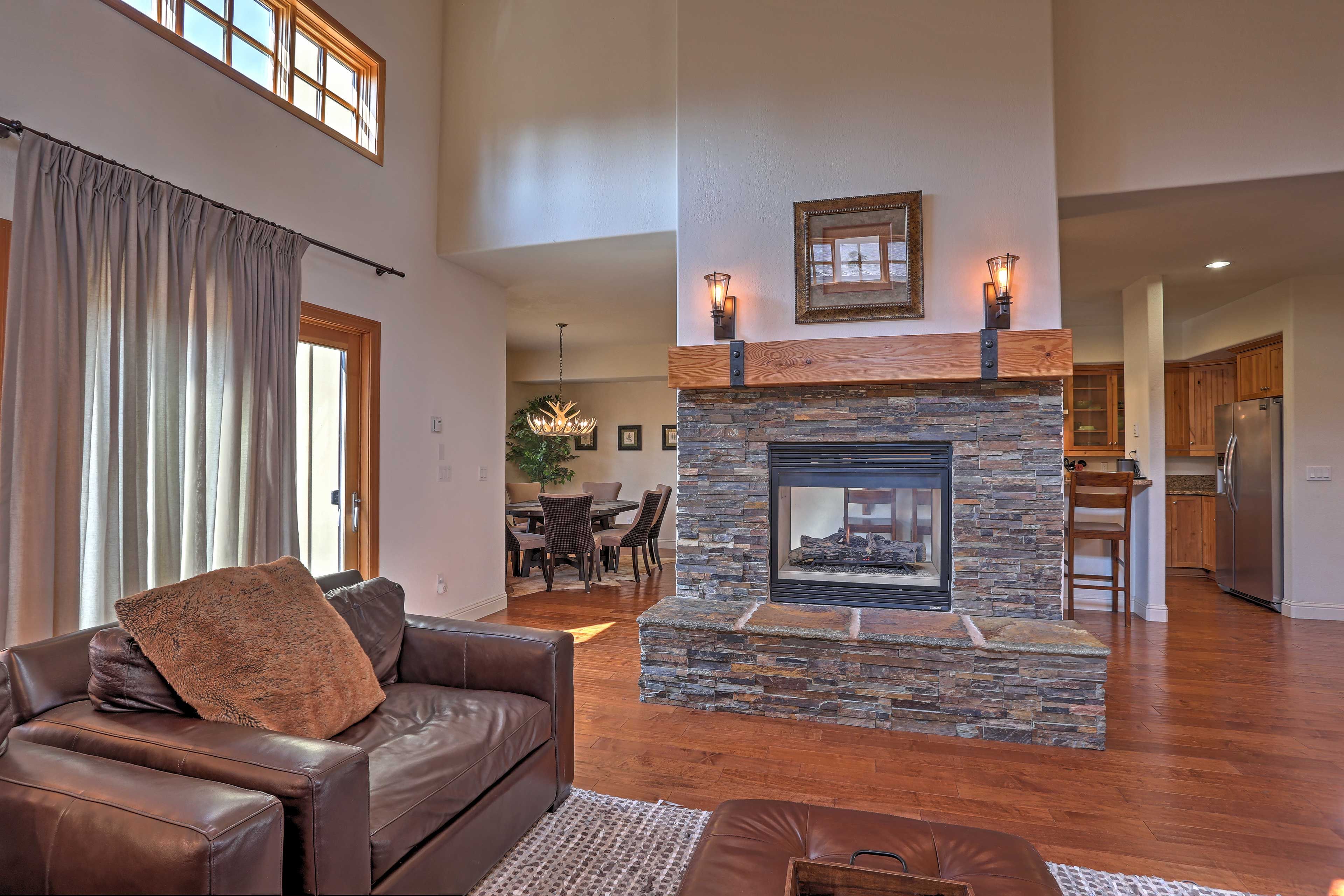 Keep warm on chilly winter days by cuddling up in front of the gas-burning fireplace.