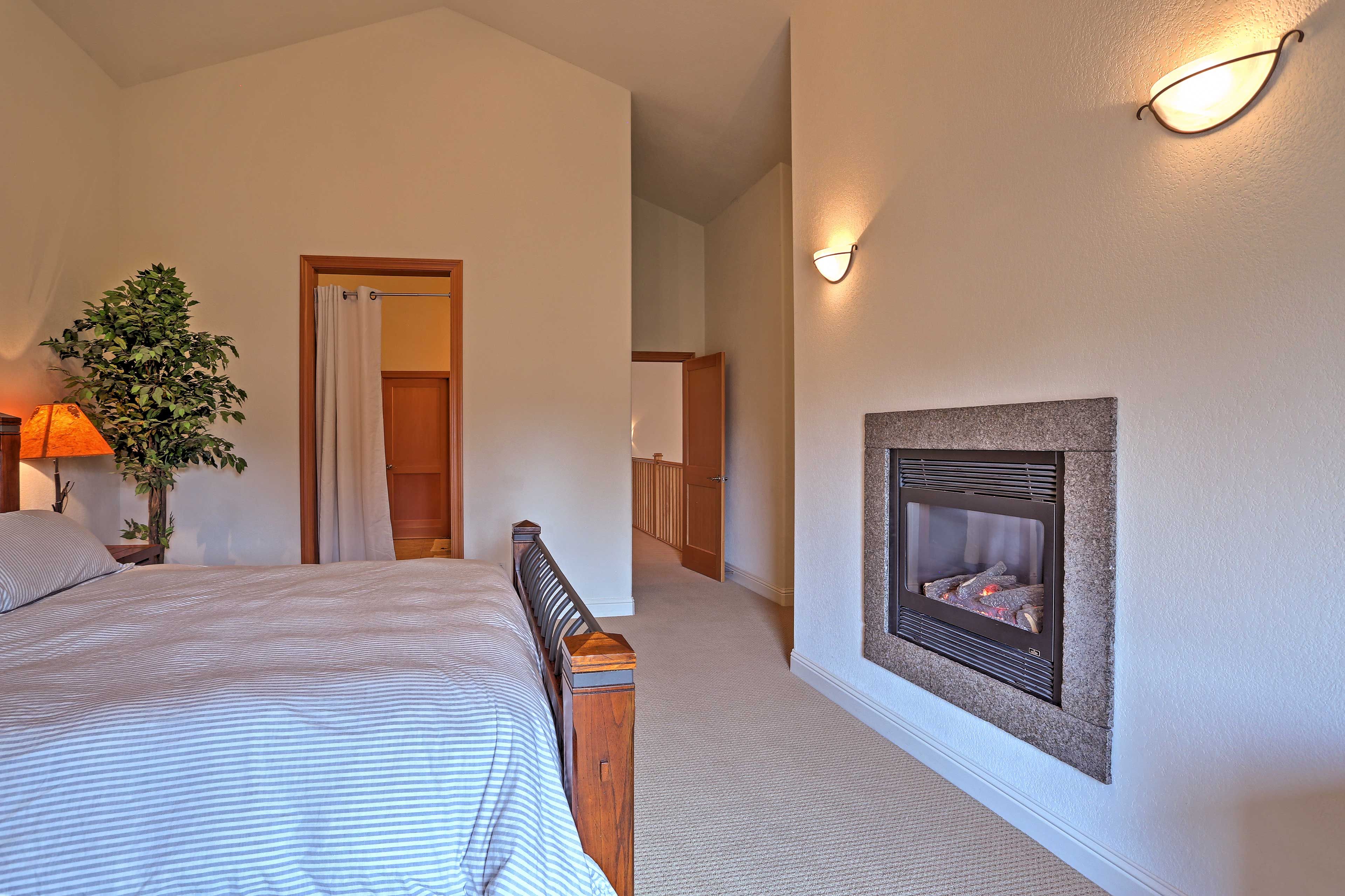 Flip the switch for the gas-burning fireplace to keep warm.