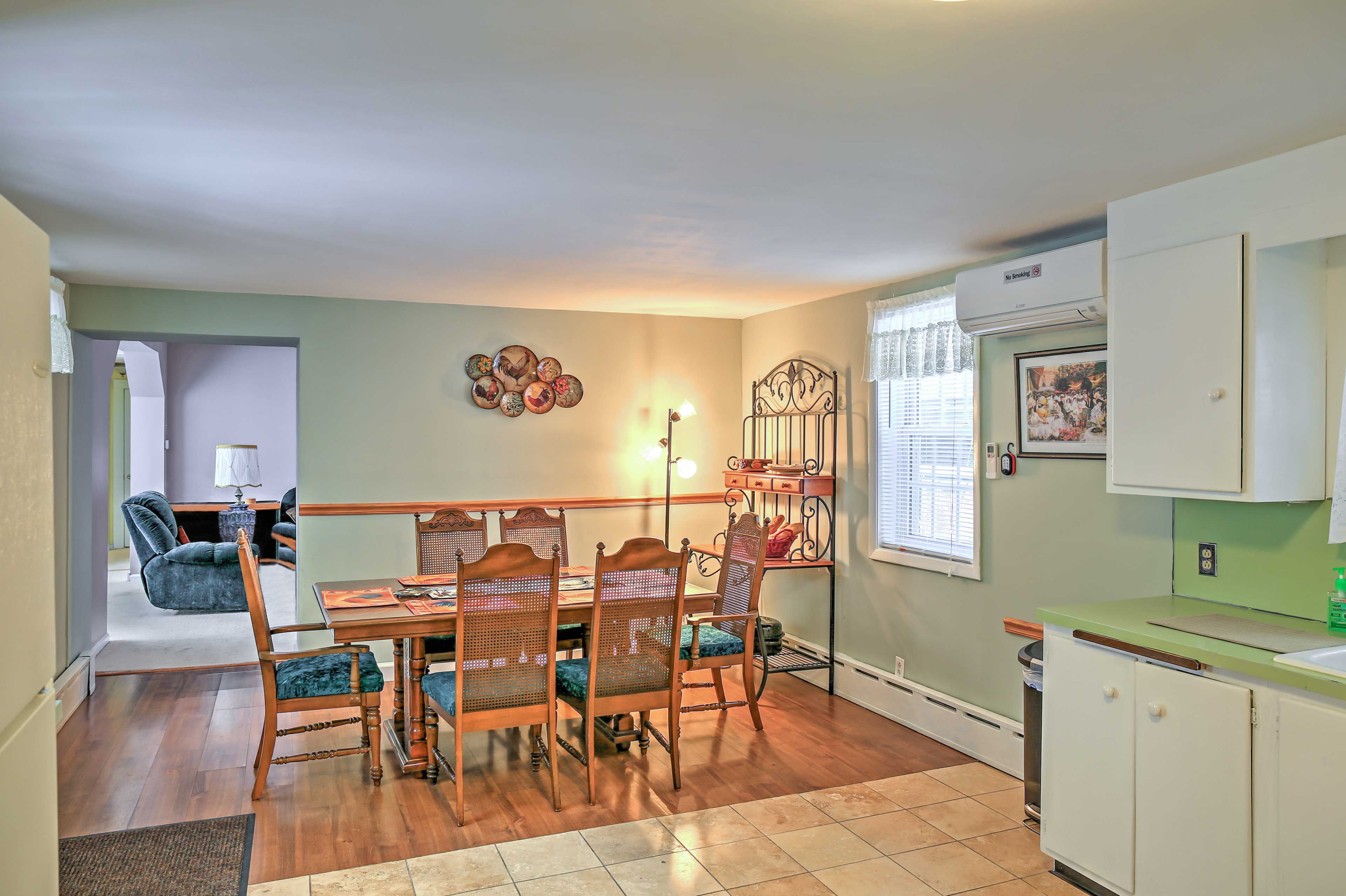 The kitchen flows seamlessly into the dining area.