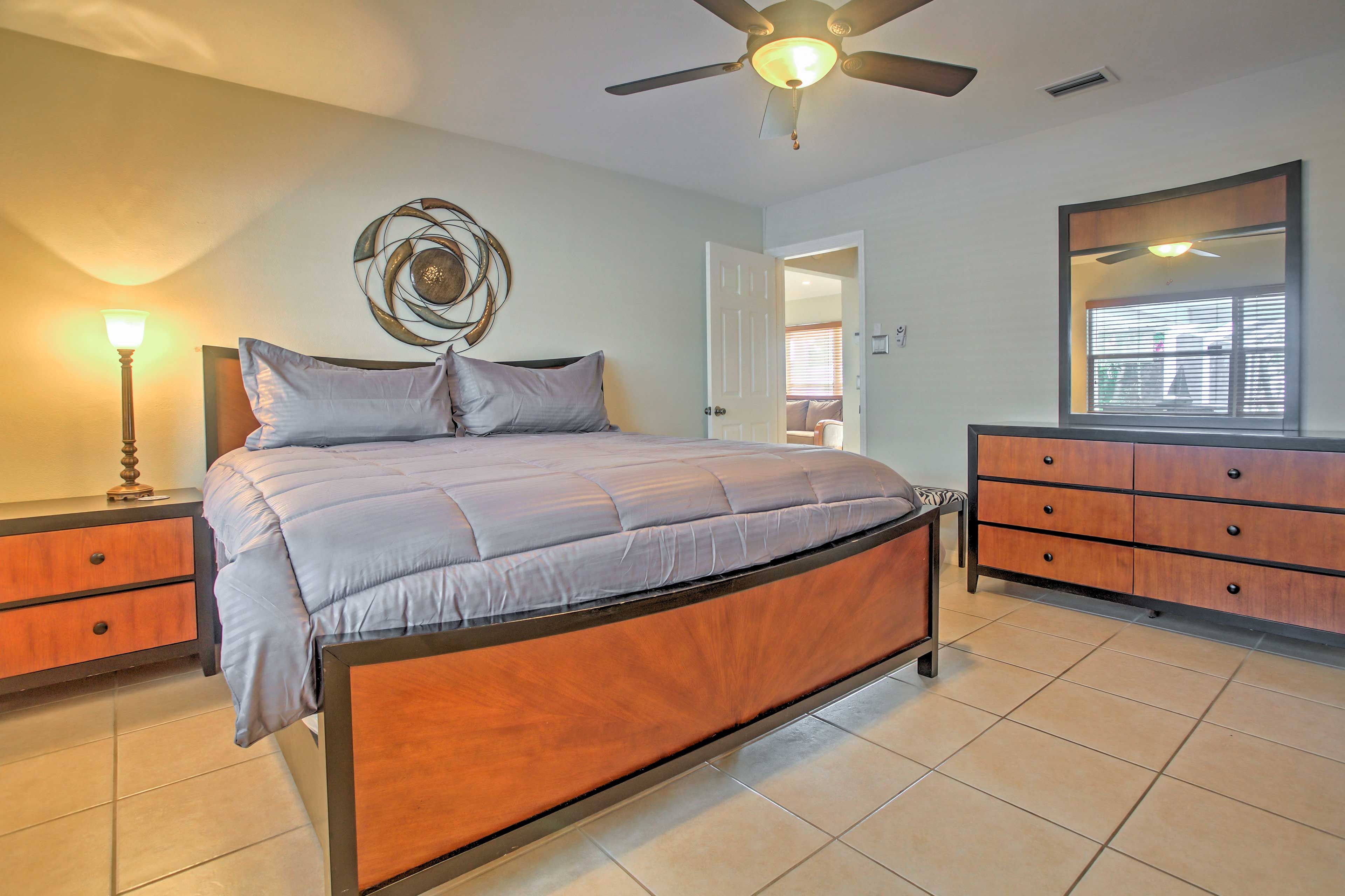 You'll enjoy great nights of sleep in this comfortable king-sized bed.