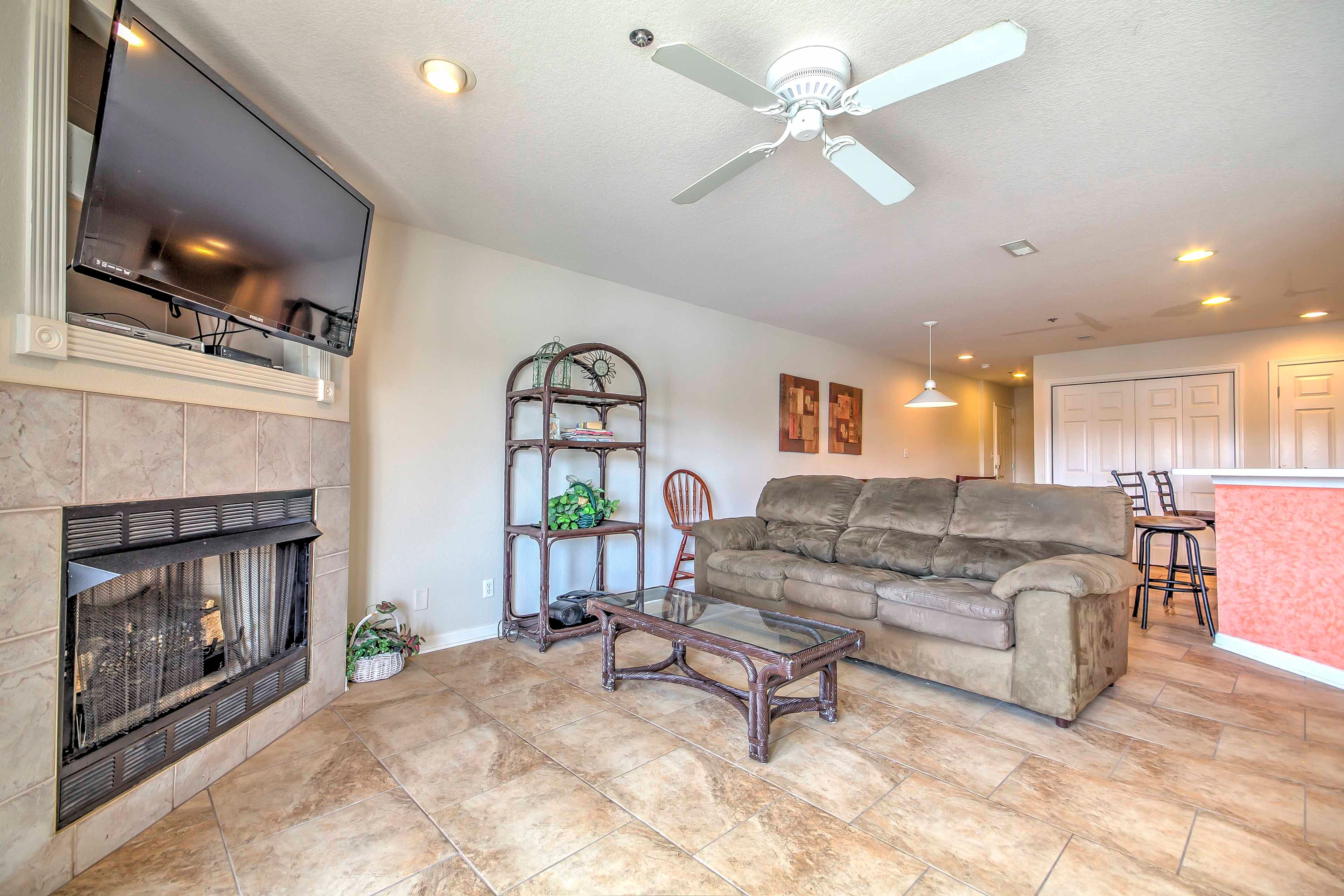 Unwind after a long day and warm your toes by the gas fireplace.