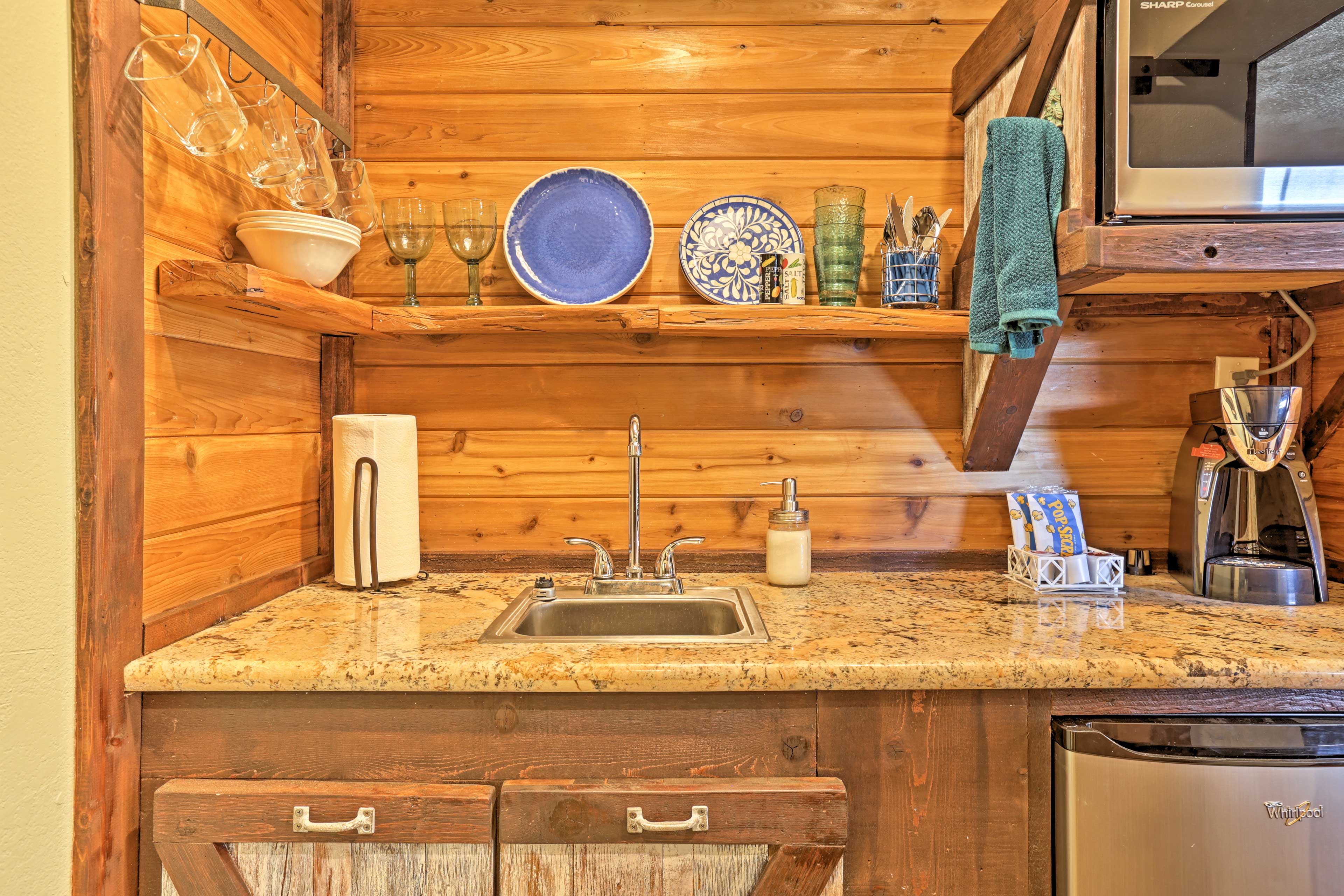 You'll find a Keurig coffee maker, mini-fridge, microwave and more.