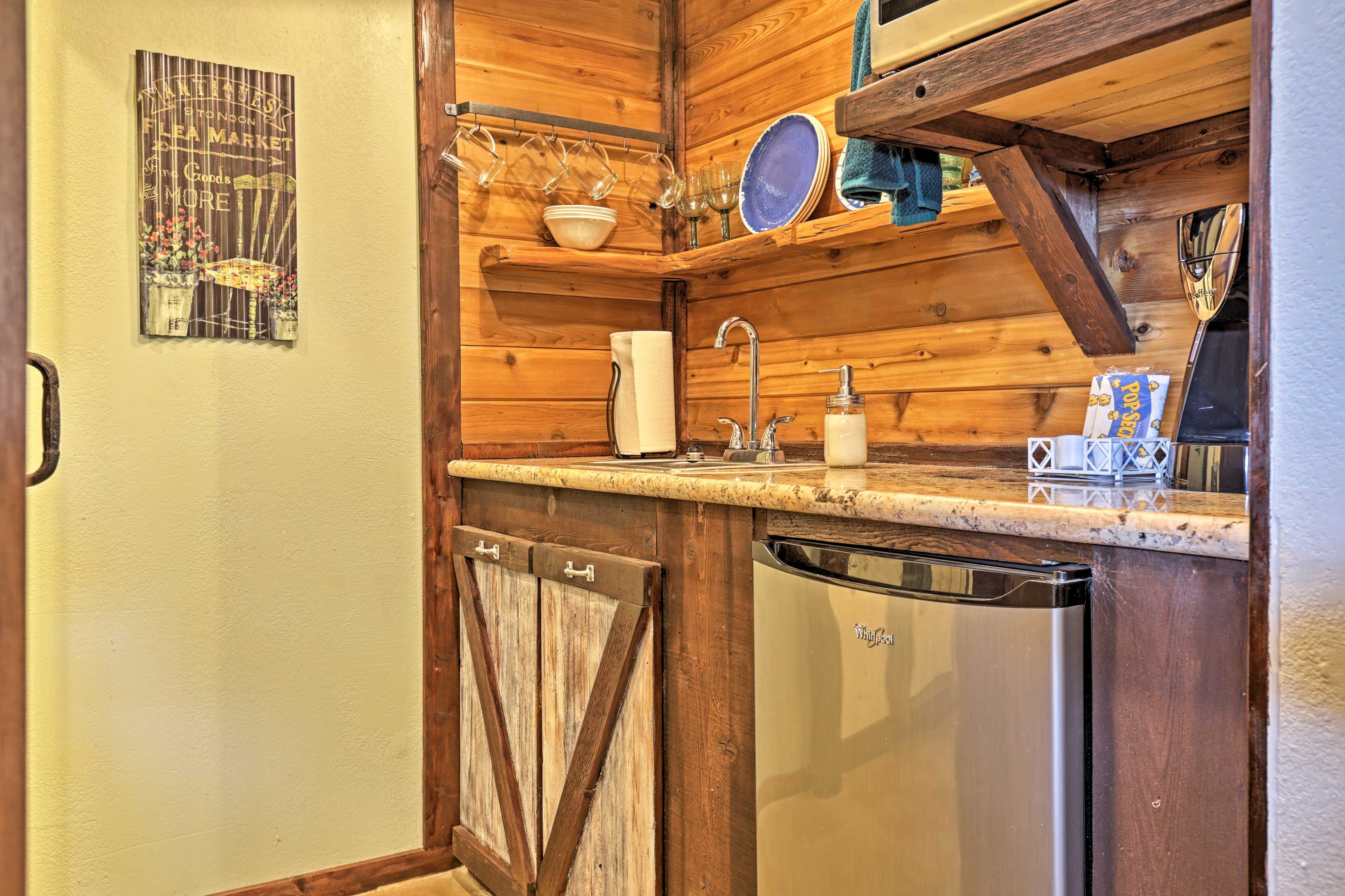 This custom kitchenette is perfect for a short getaway.