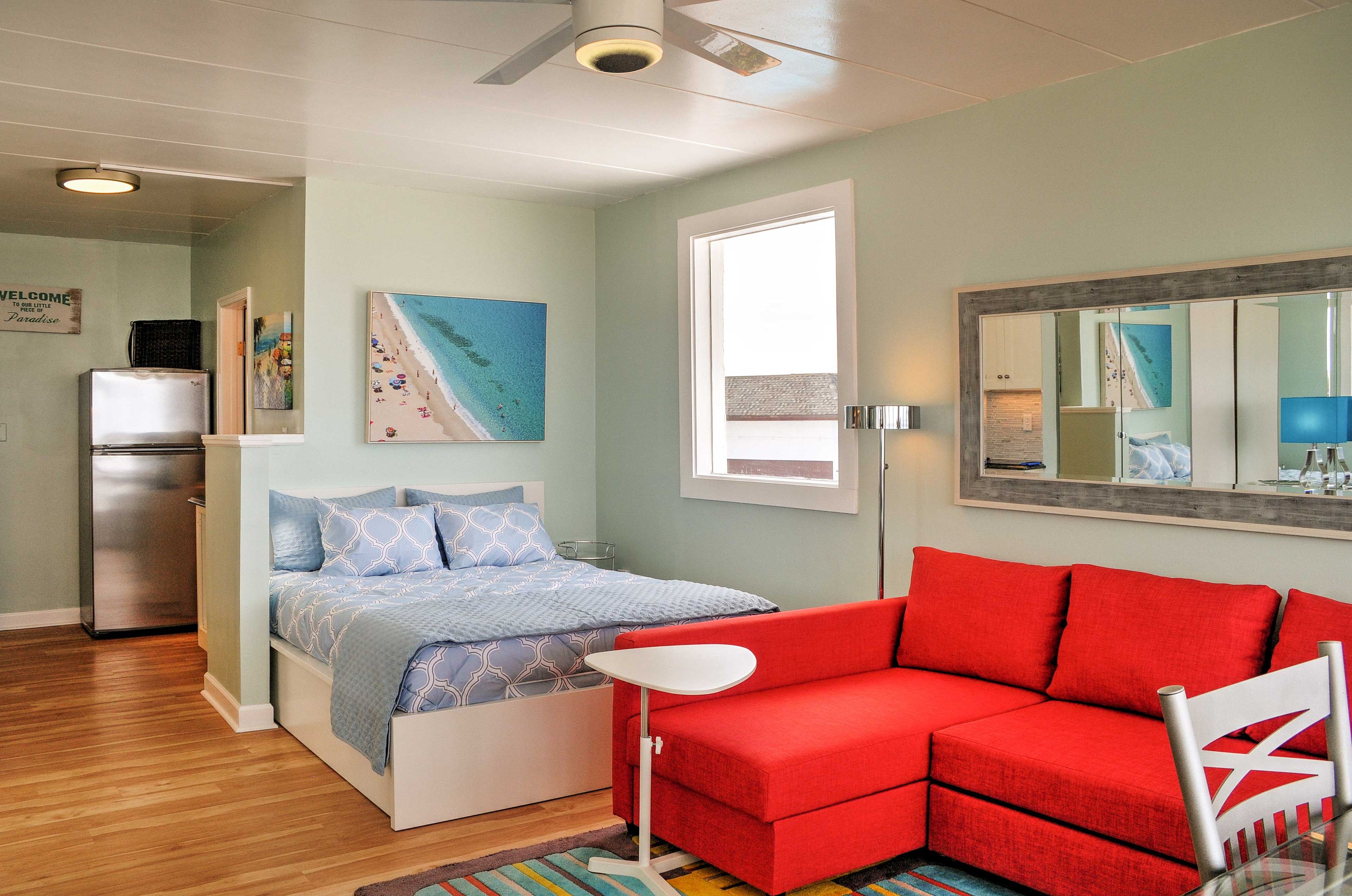 This plush sofa folds out into a full bed for additional sleeping accommodations.