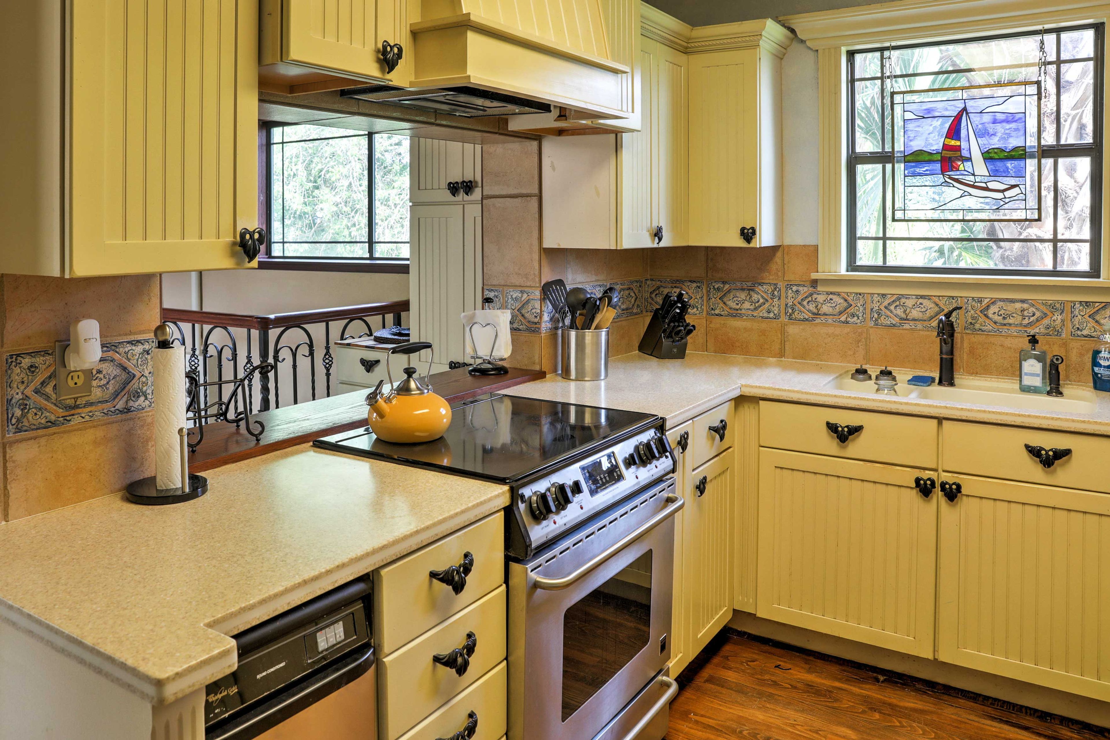 The kitchen comes fully equipped with updated appliances.