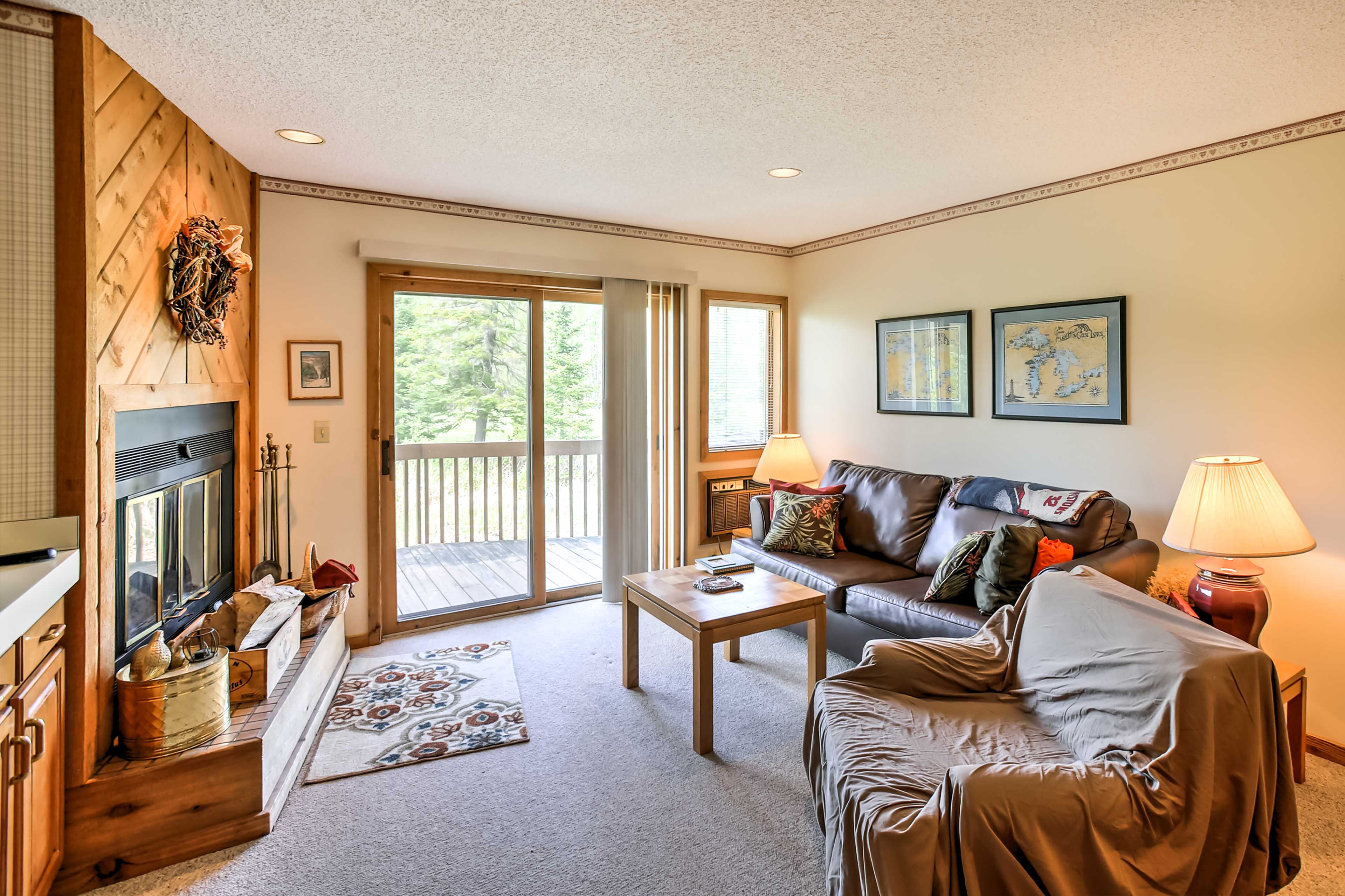 Living Area | Wood-Burning Fireplace | Smart TV w/ Netflix | Deck Access