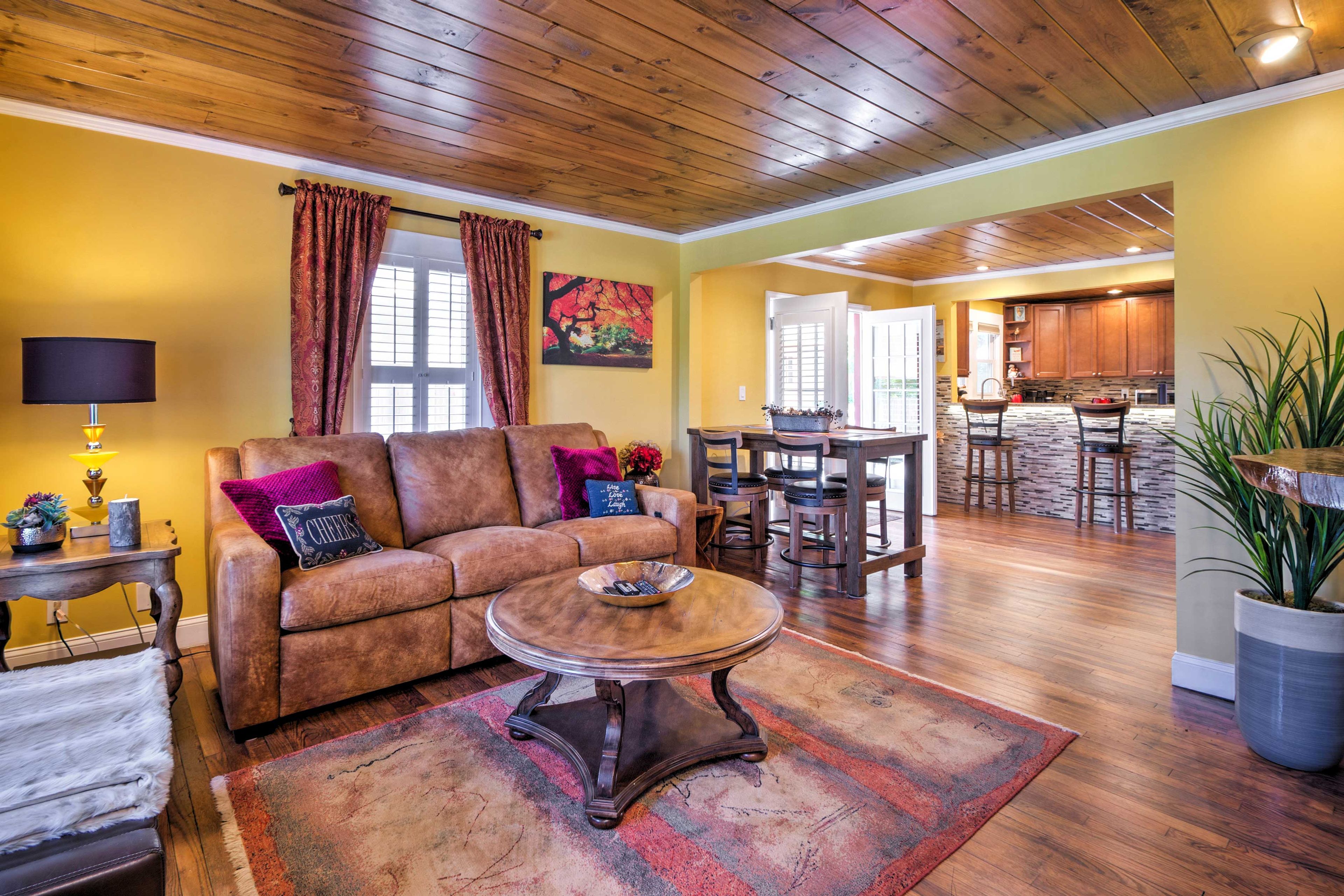 During your downtime, relax on the plush furniture in the living room.