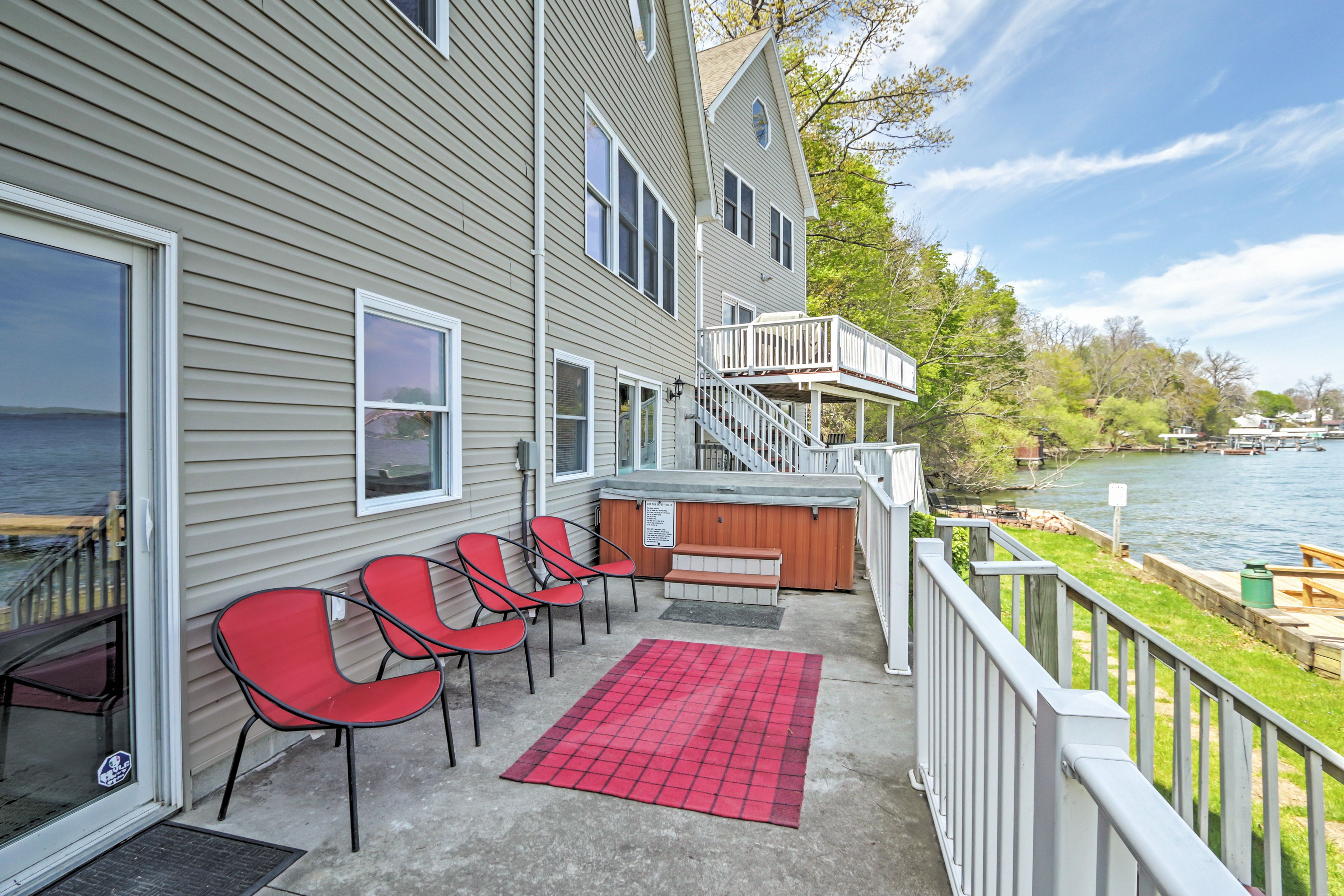 Patio | Private Hot Tub (Seasonal) | Water Views