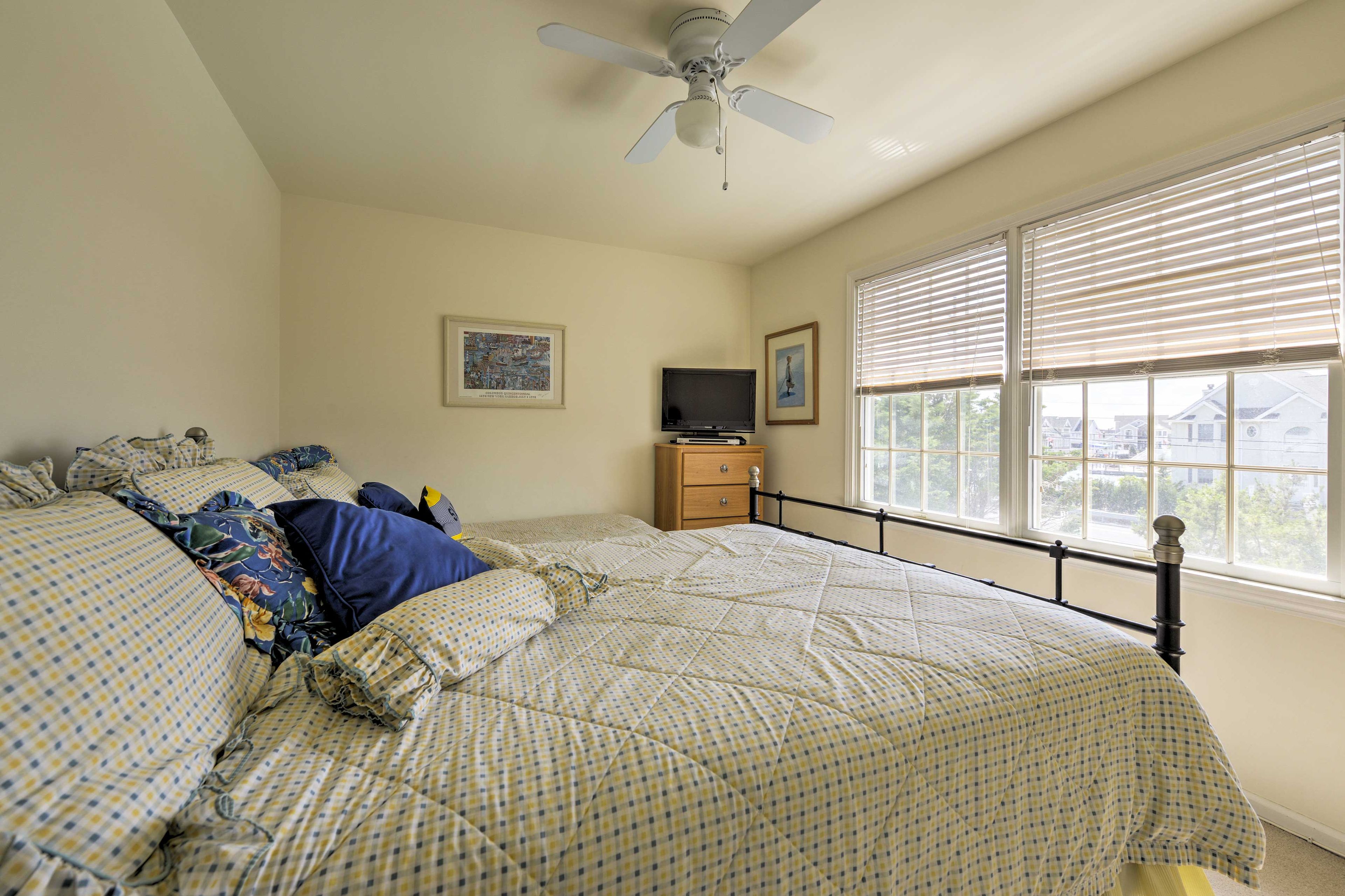 You'll wake up to the sun shining through the large windows.