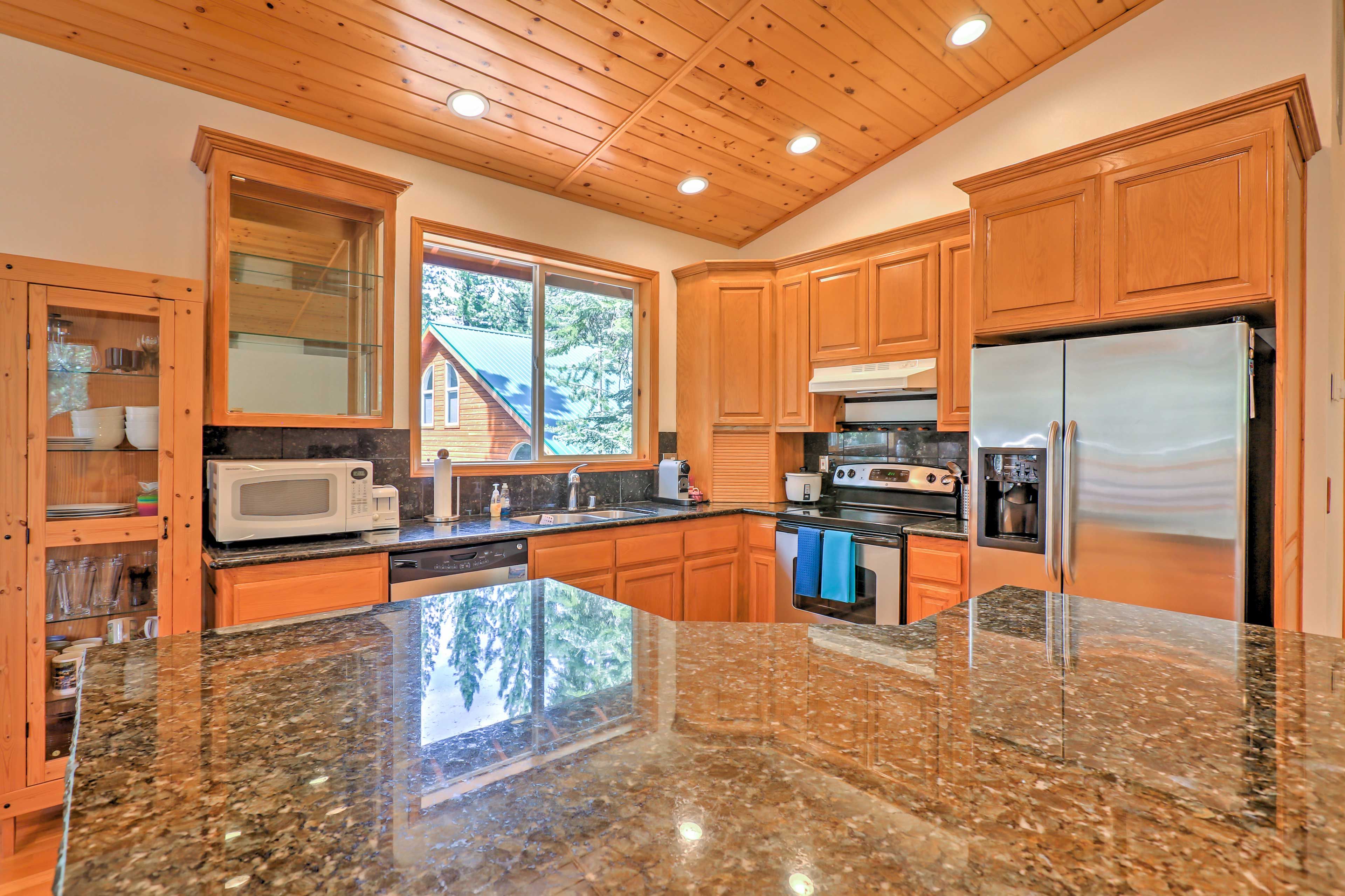 Relish the natural wood elements, granite counter tops, and modern appliances.