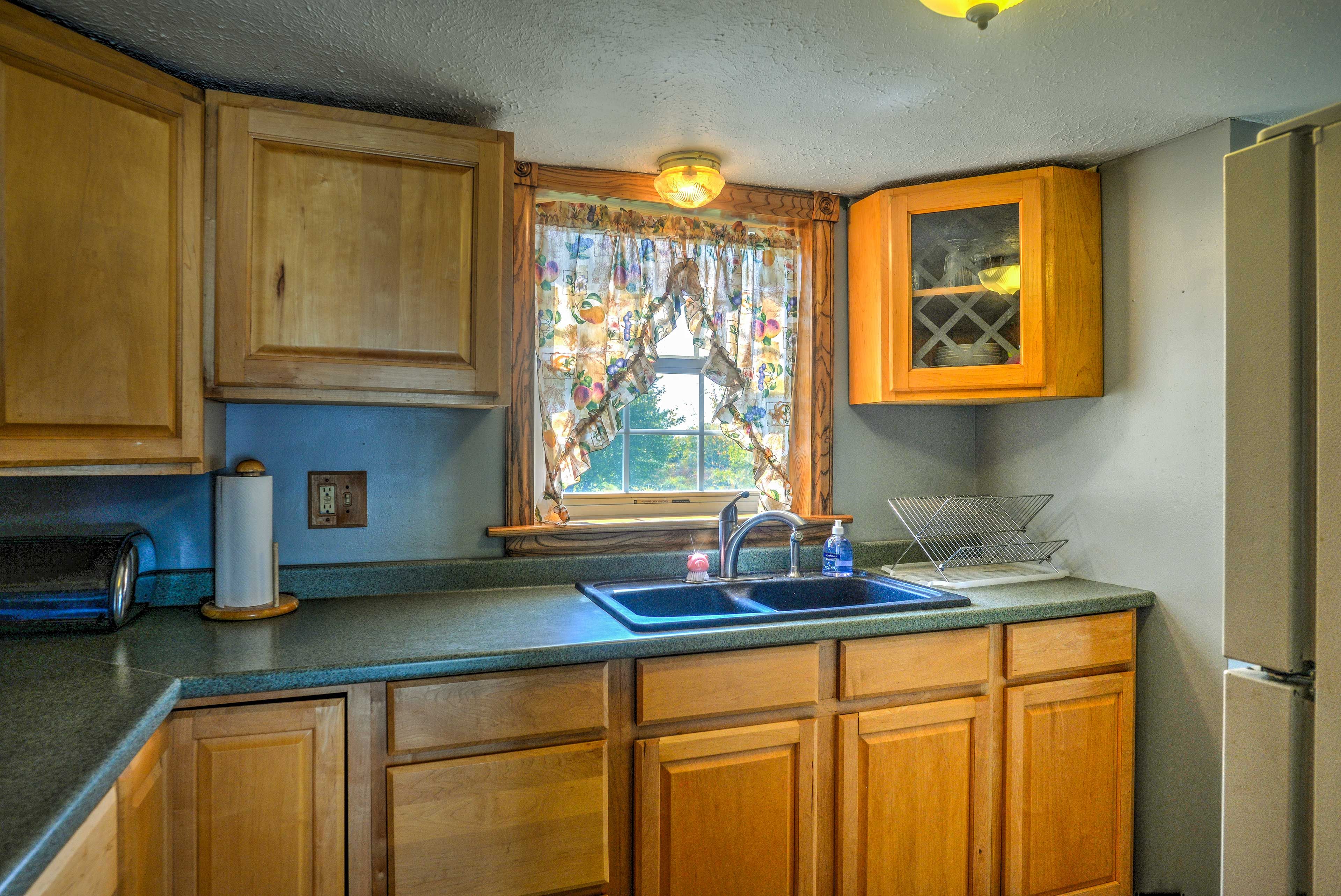 The kitchen has plenty of counter space to make delicious meals.