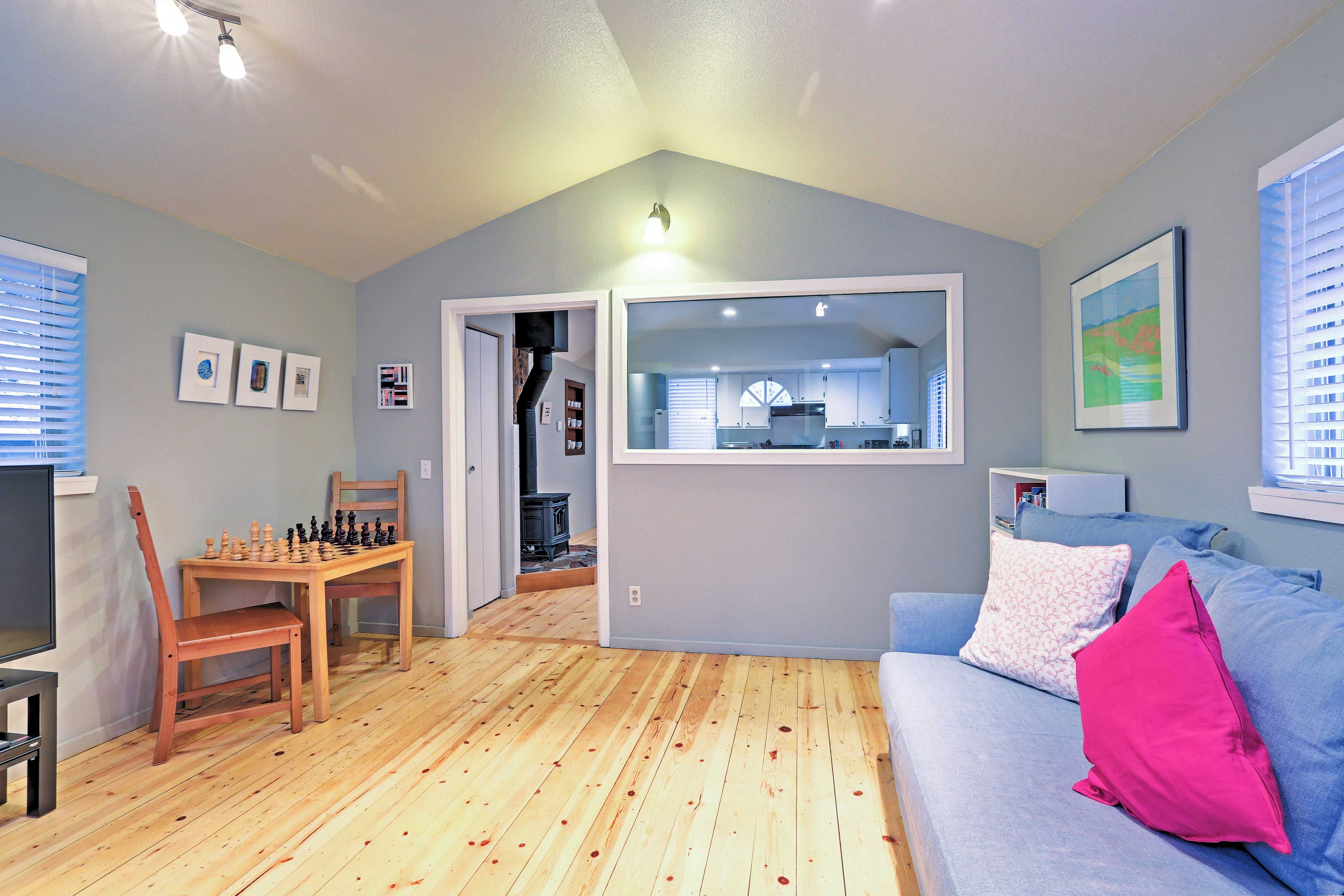 Vaulted ceilings create a spacious interior.