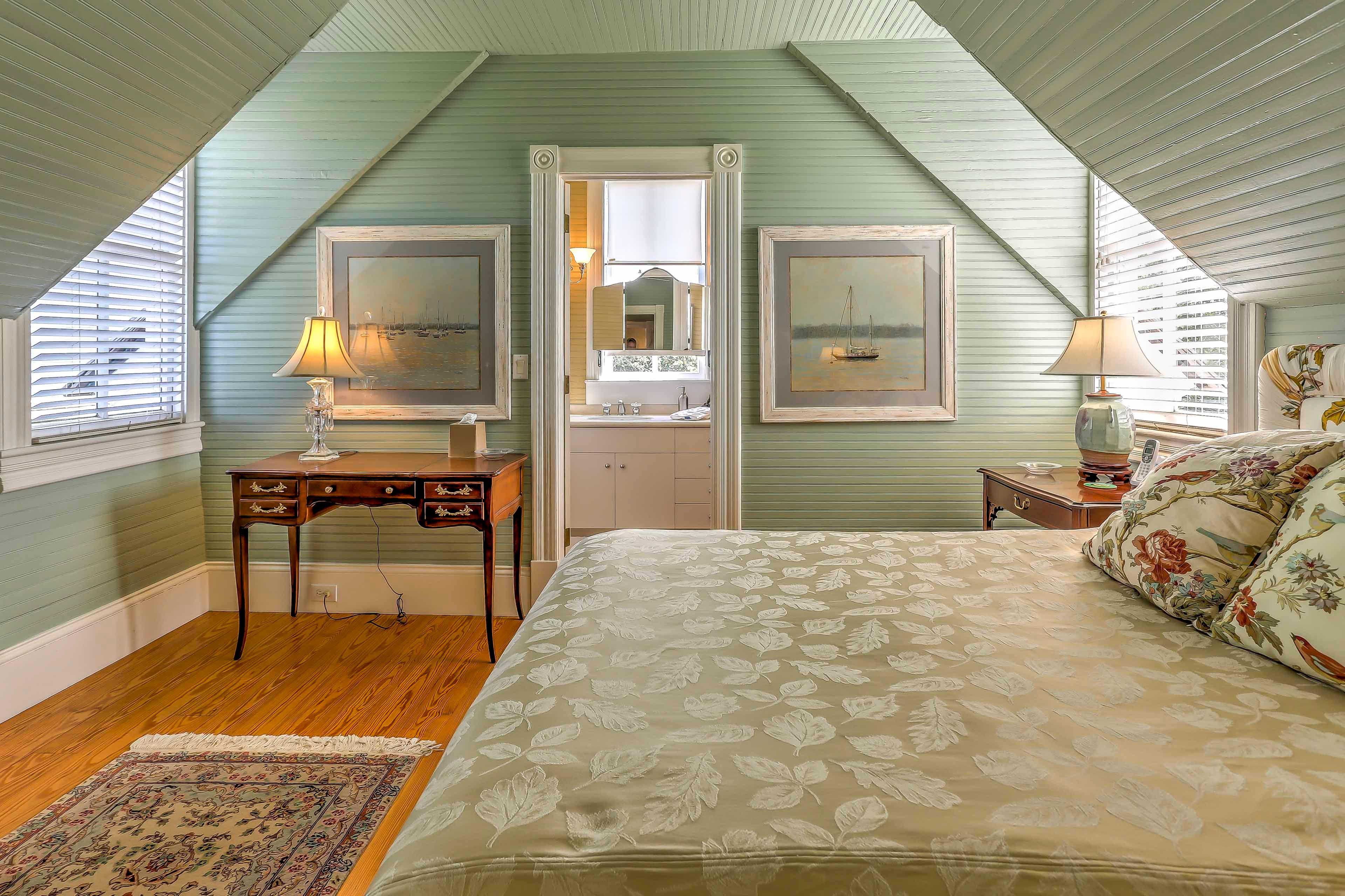 Curl up in this queen-sized bed for a full night's rest.