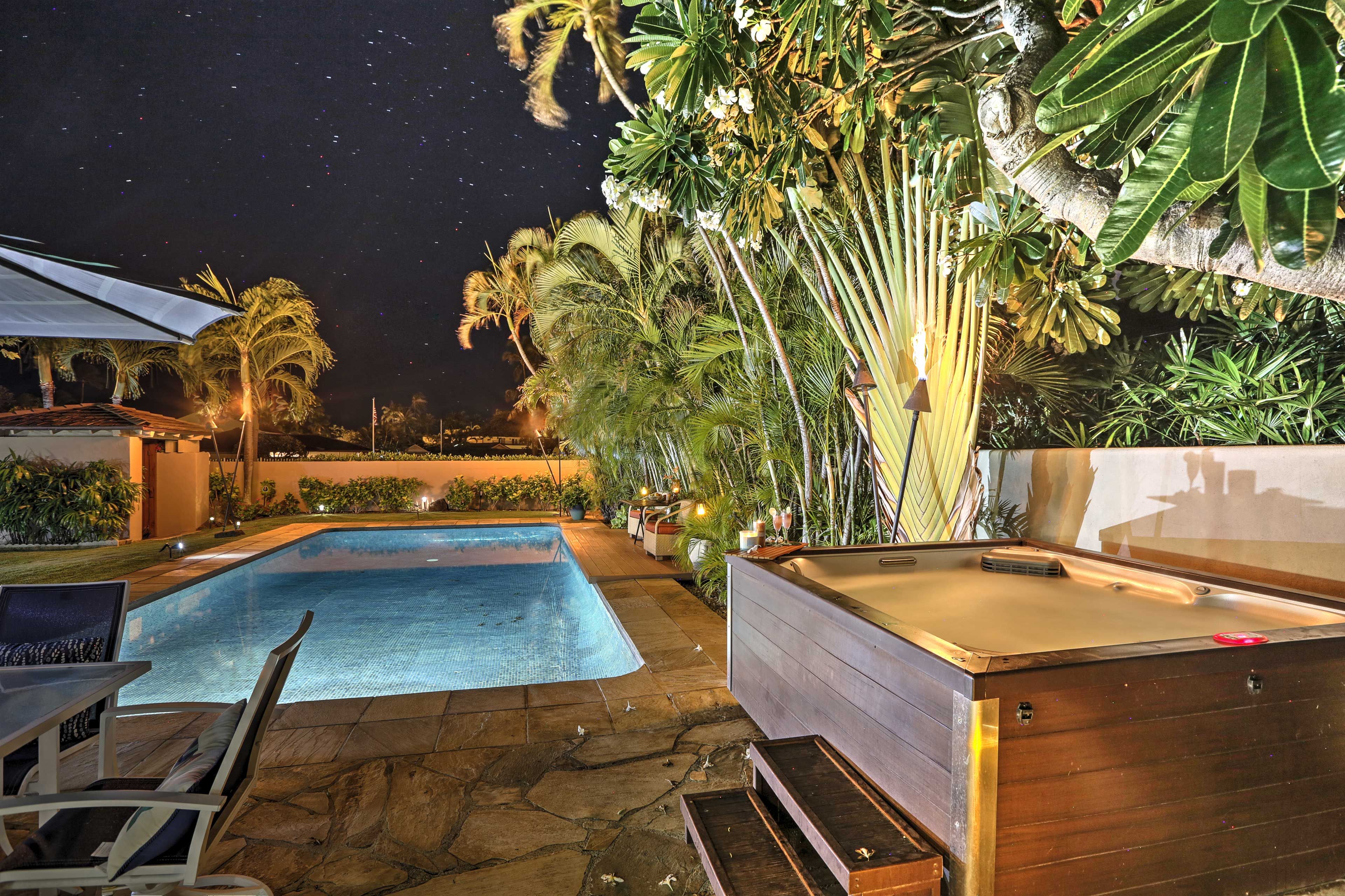 The 7-foot pool is heated and contains salt water.