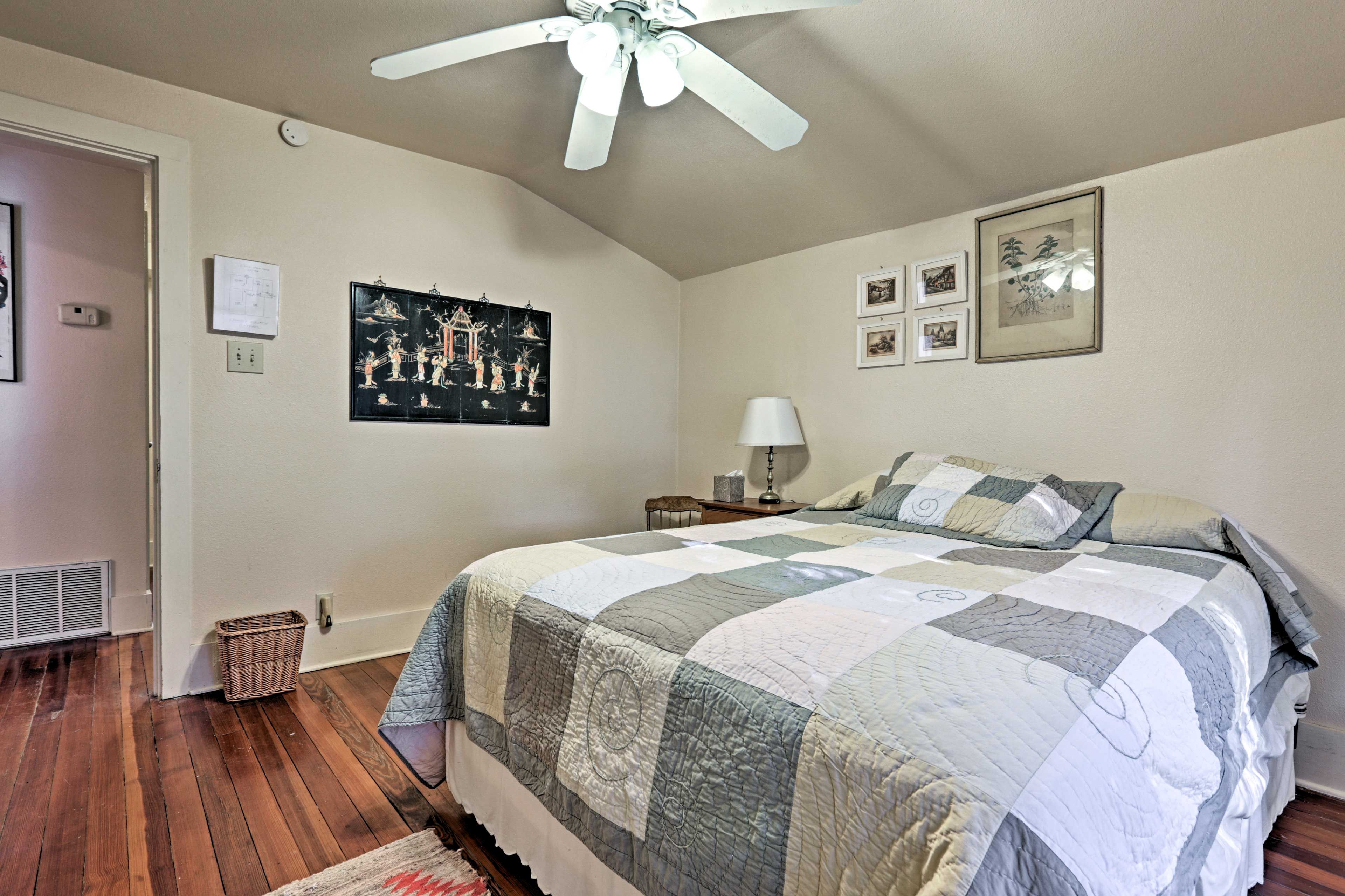 Rest easy in the first bedroom, which features a queen bed.