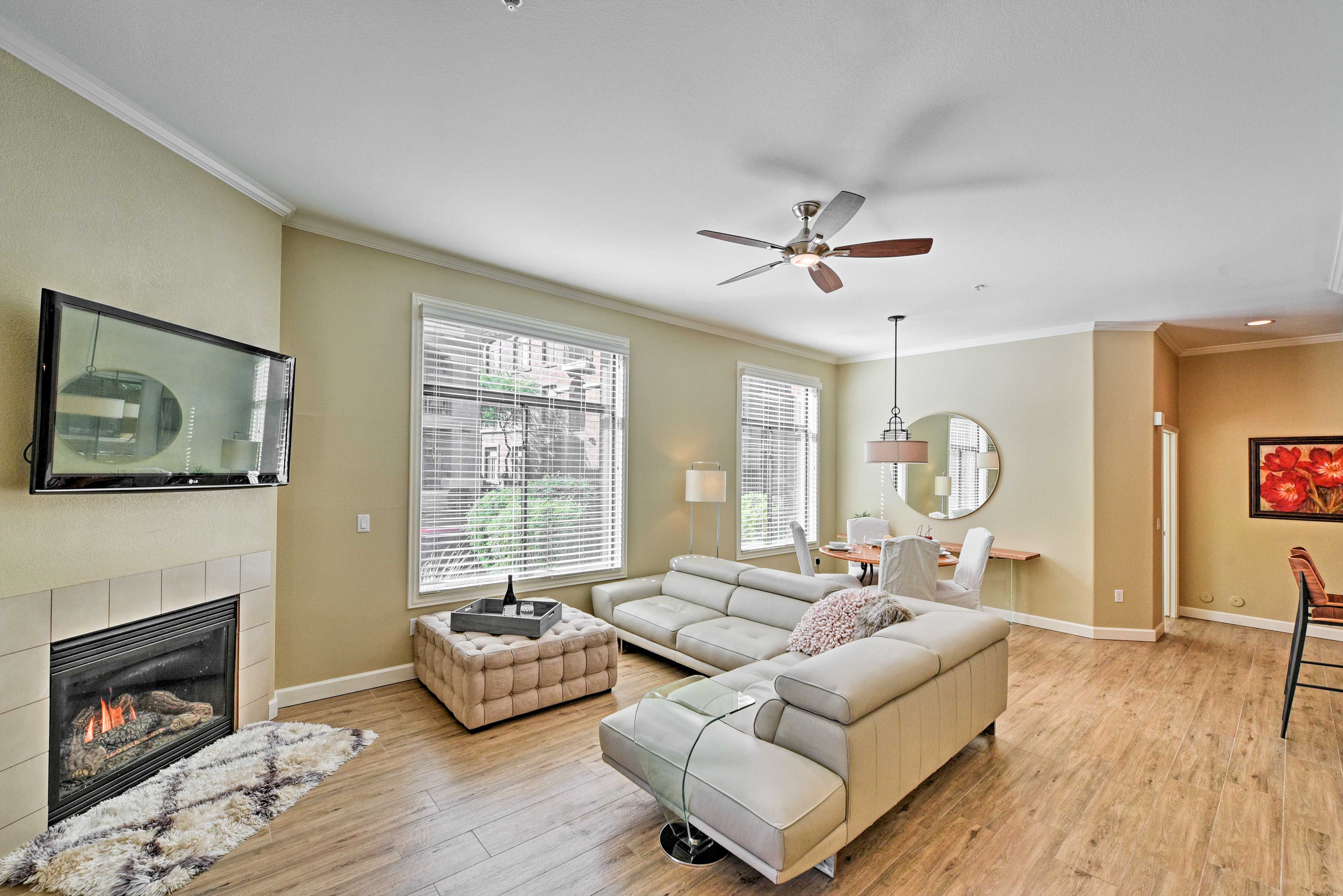 10-foot tall ceilings and bright windows compliment the space.