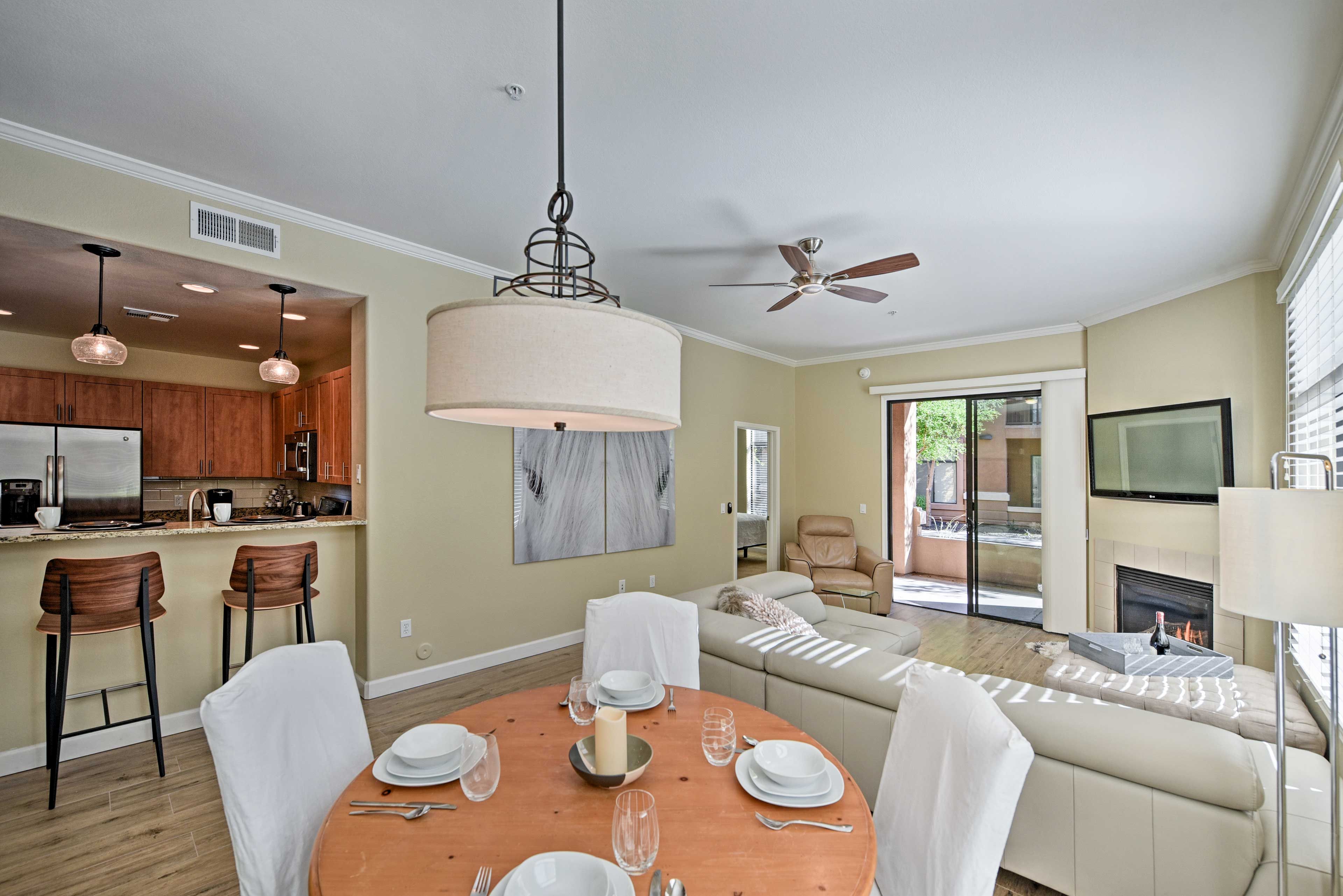 Just off the living room, you'll find the kitchen.