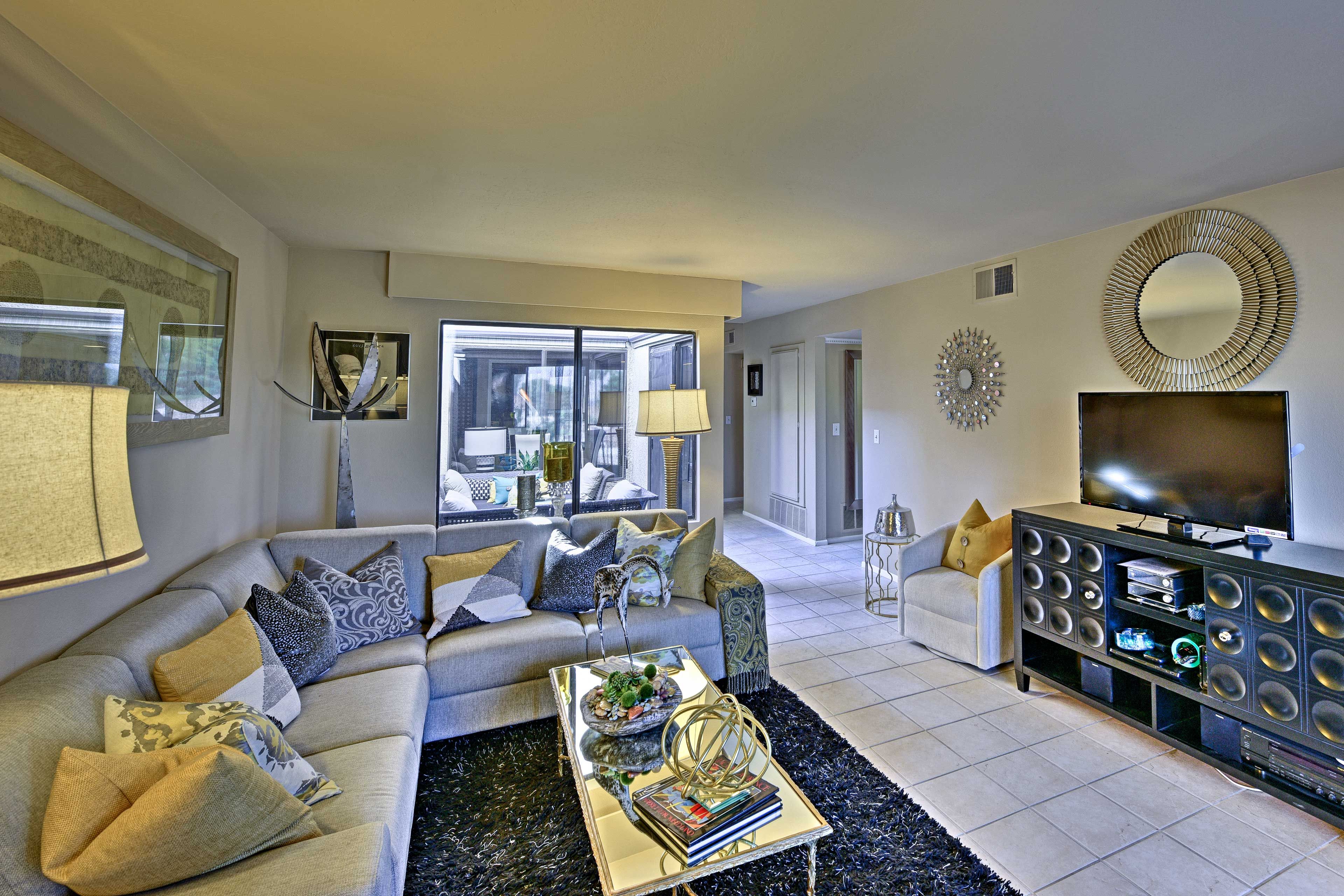 Enjoy late night movies on the flat-screen cable TV with streaming capability.