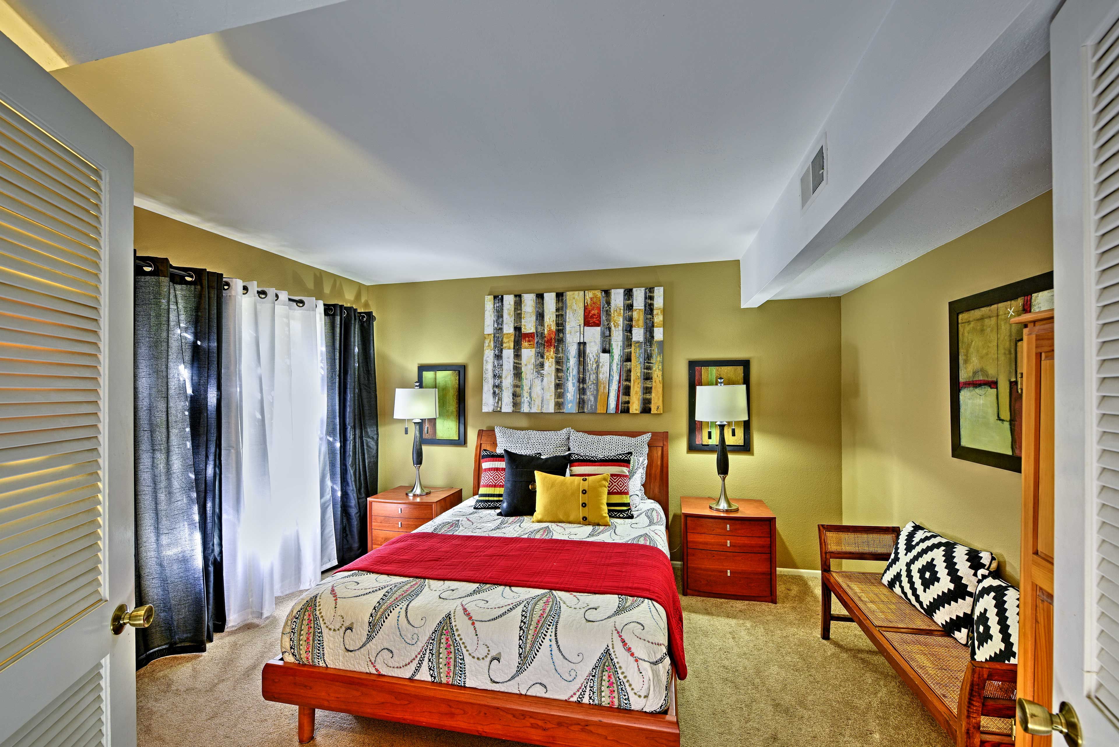 The third and final bedroom boasts a queen mattress and exterior access.