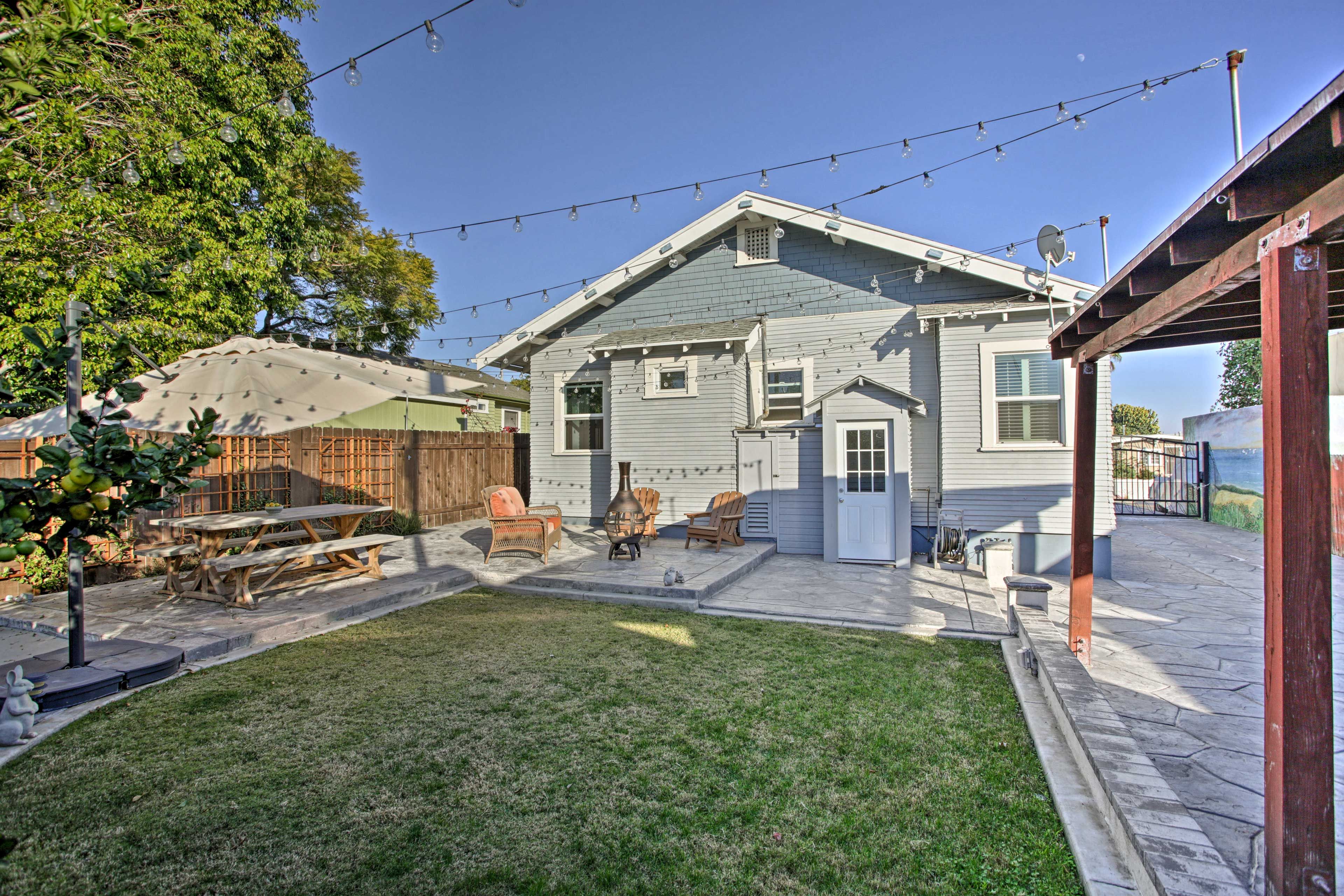String lights brighten the outdoor space at night.