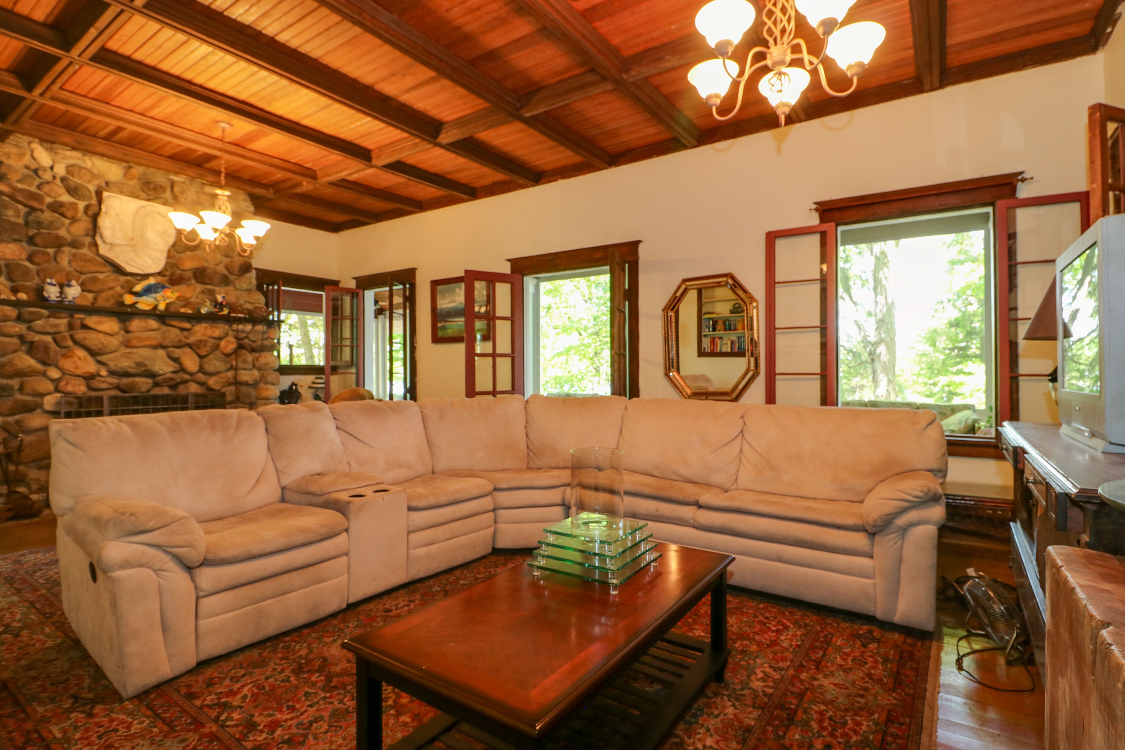 Living Room | DVD/VCR Player | Wood-Burning Stone Fireplace