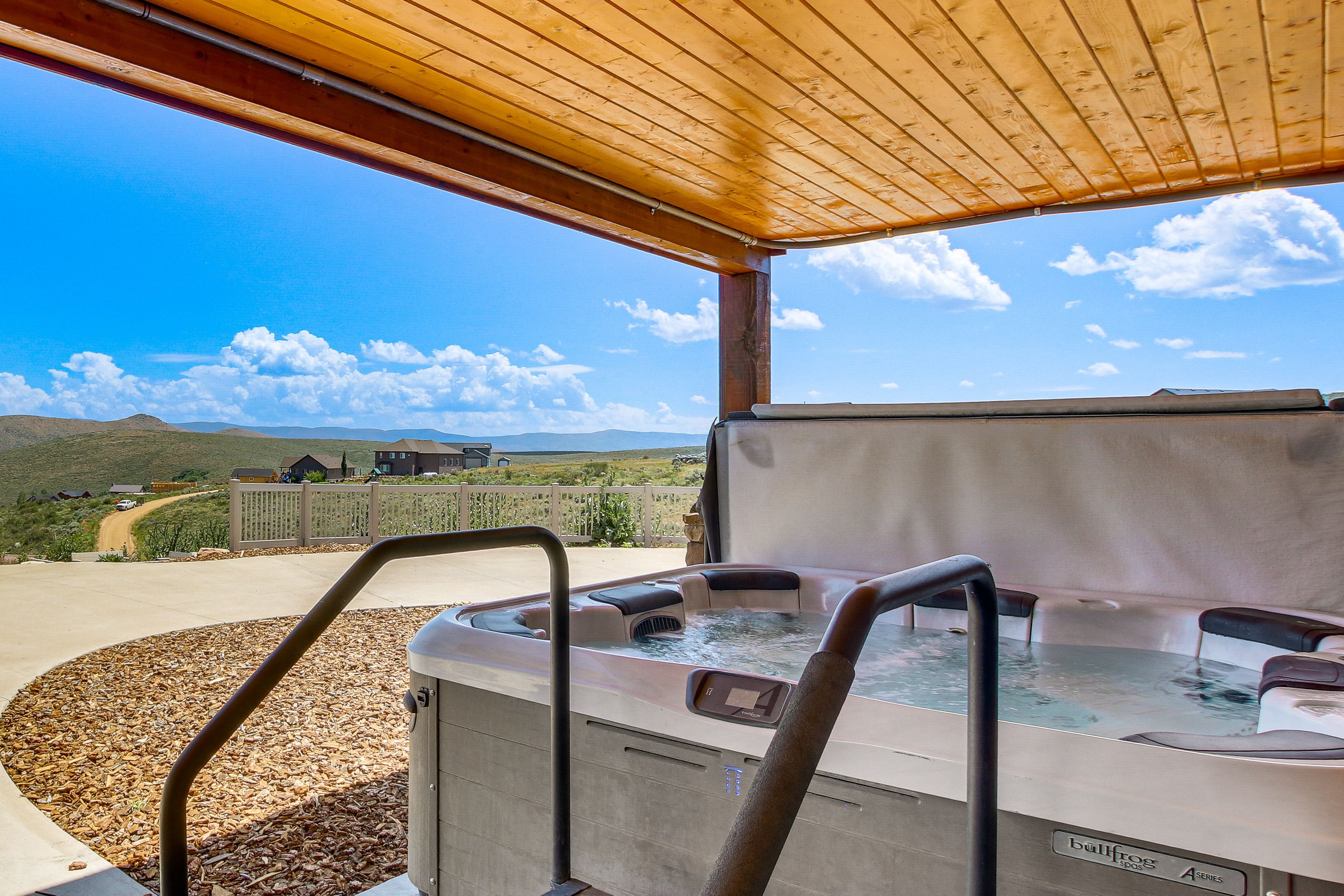 Covered Patio | Hot Tub | Mountain Views | Private Sports Court