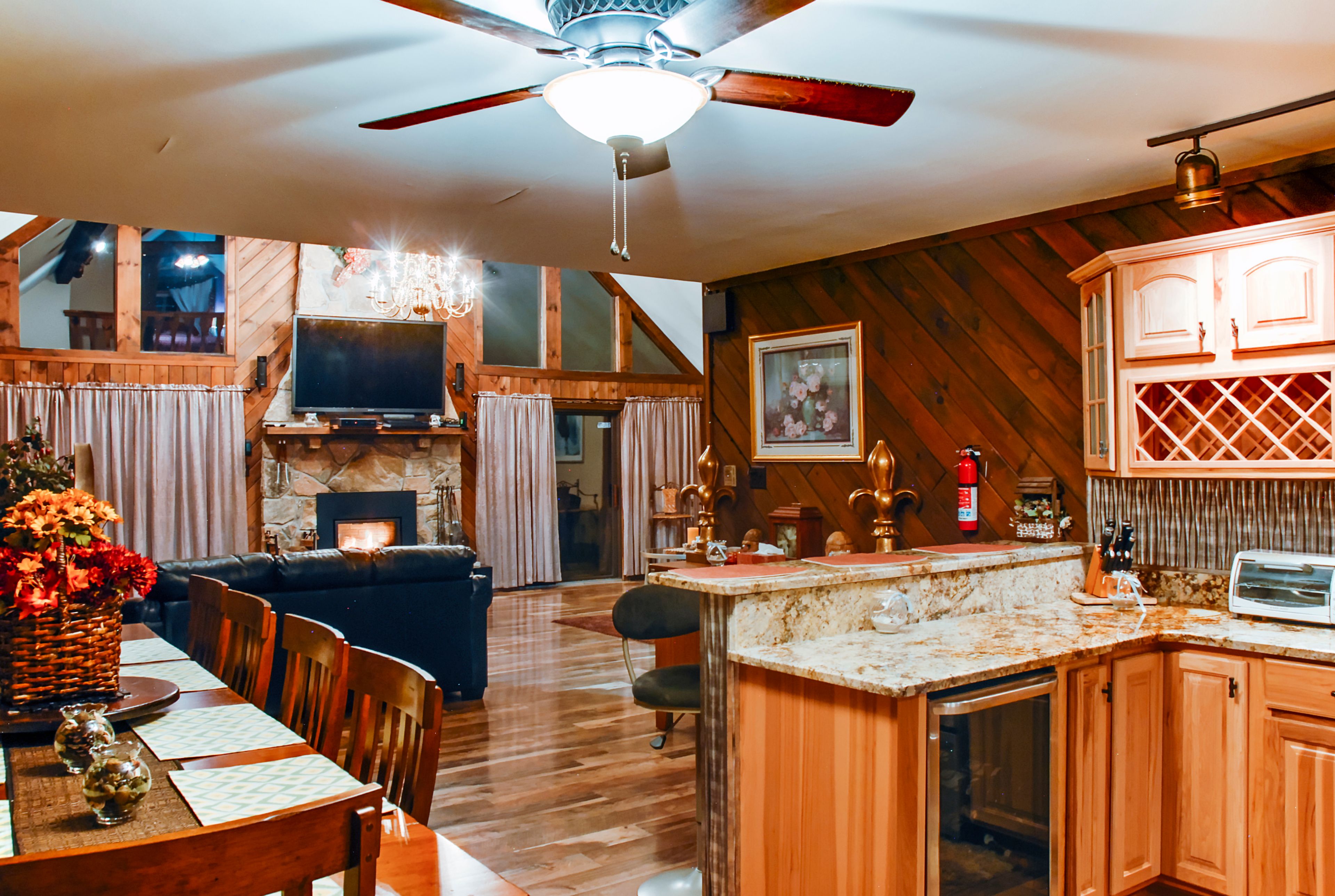 The living room opens up into the fully equipped kitchen.
