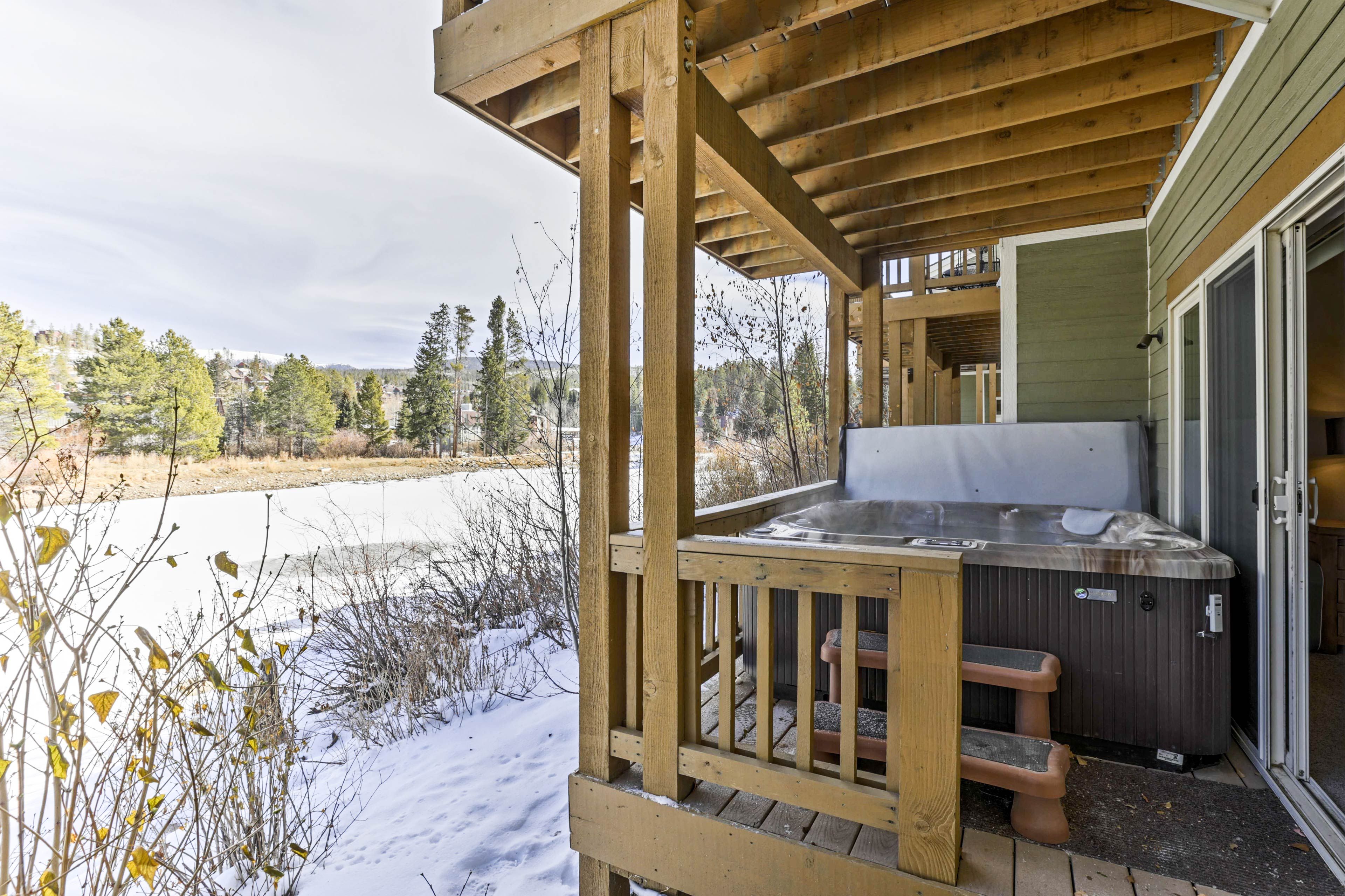 Enjoy a relaxing soak in the private hot tub.