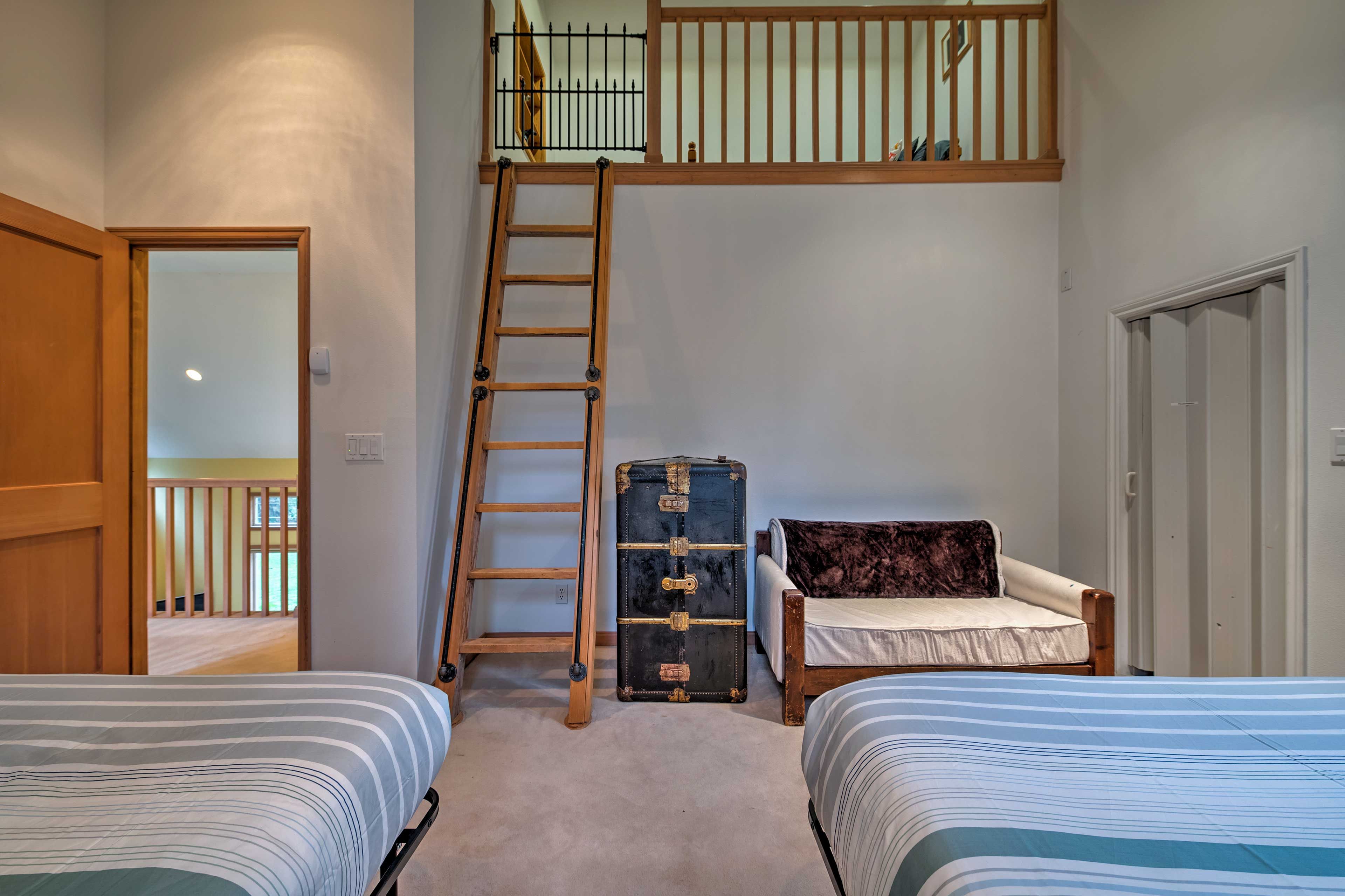 Find a loft up the stairs, making for a unique hideaway.