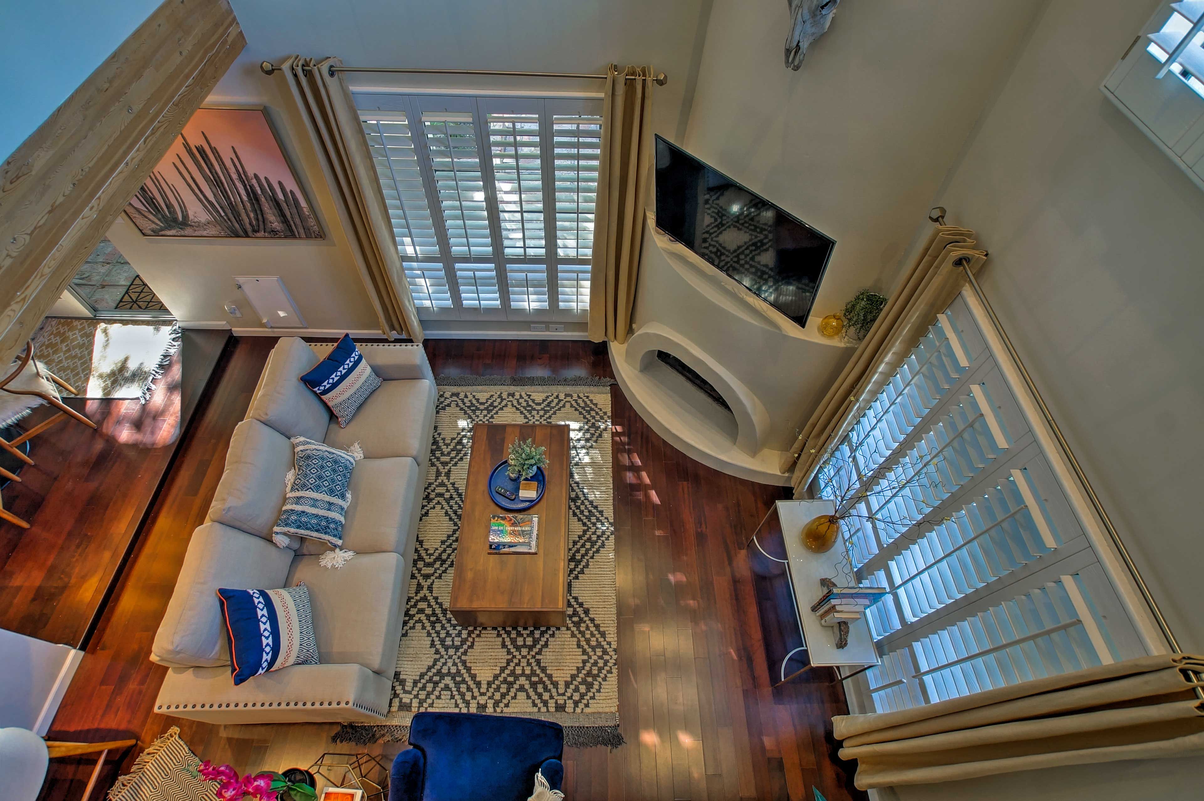Vaulted ceilings lined with exposed beams make this space truly unique.