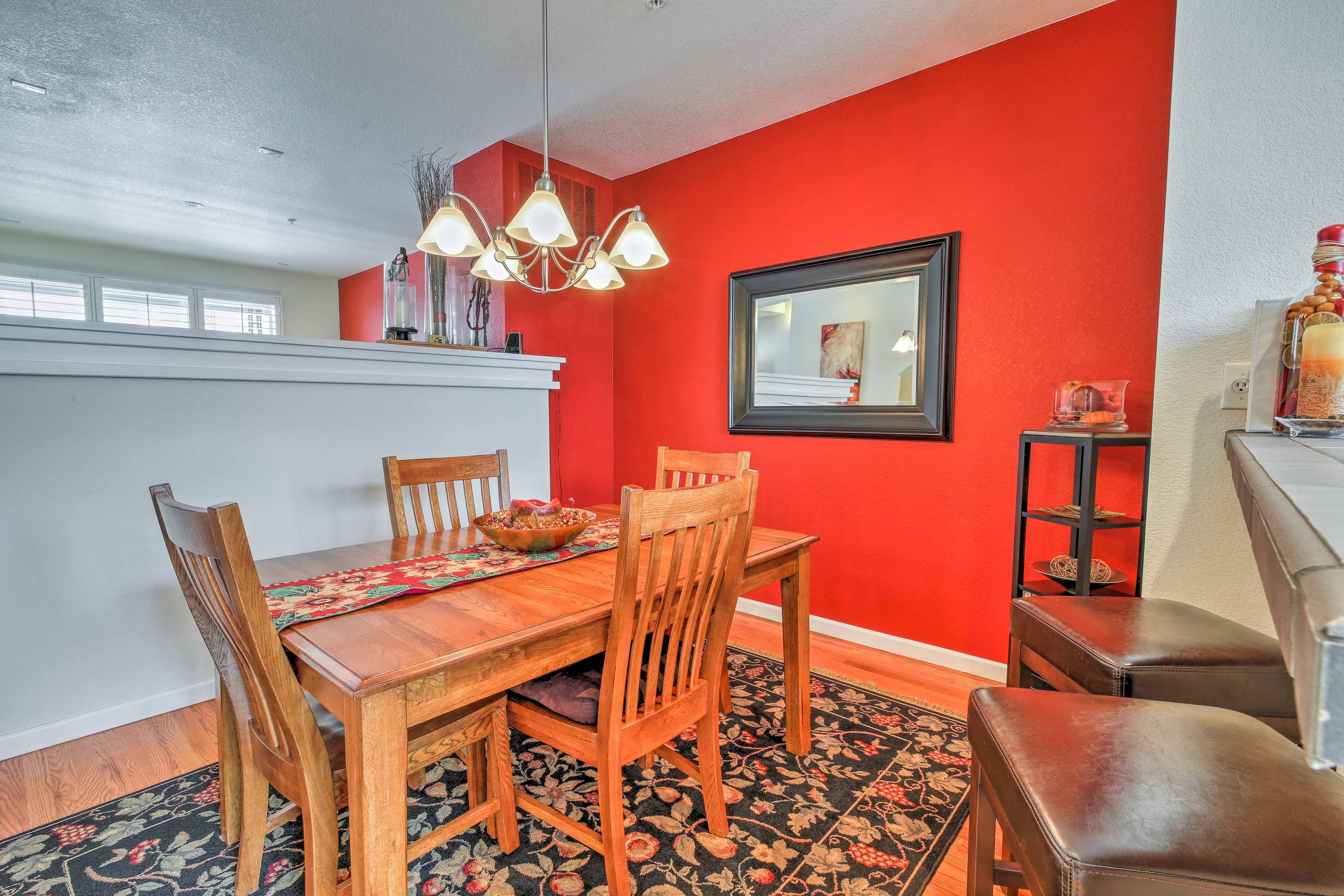 Additional seating is available at the 2-person breakfast bar.