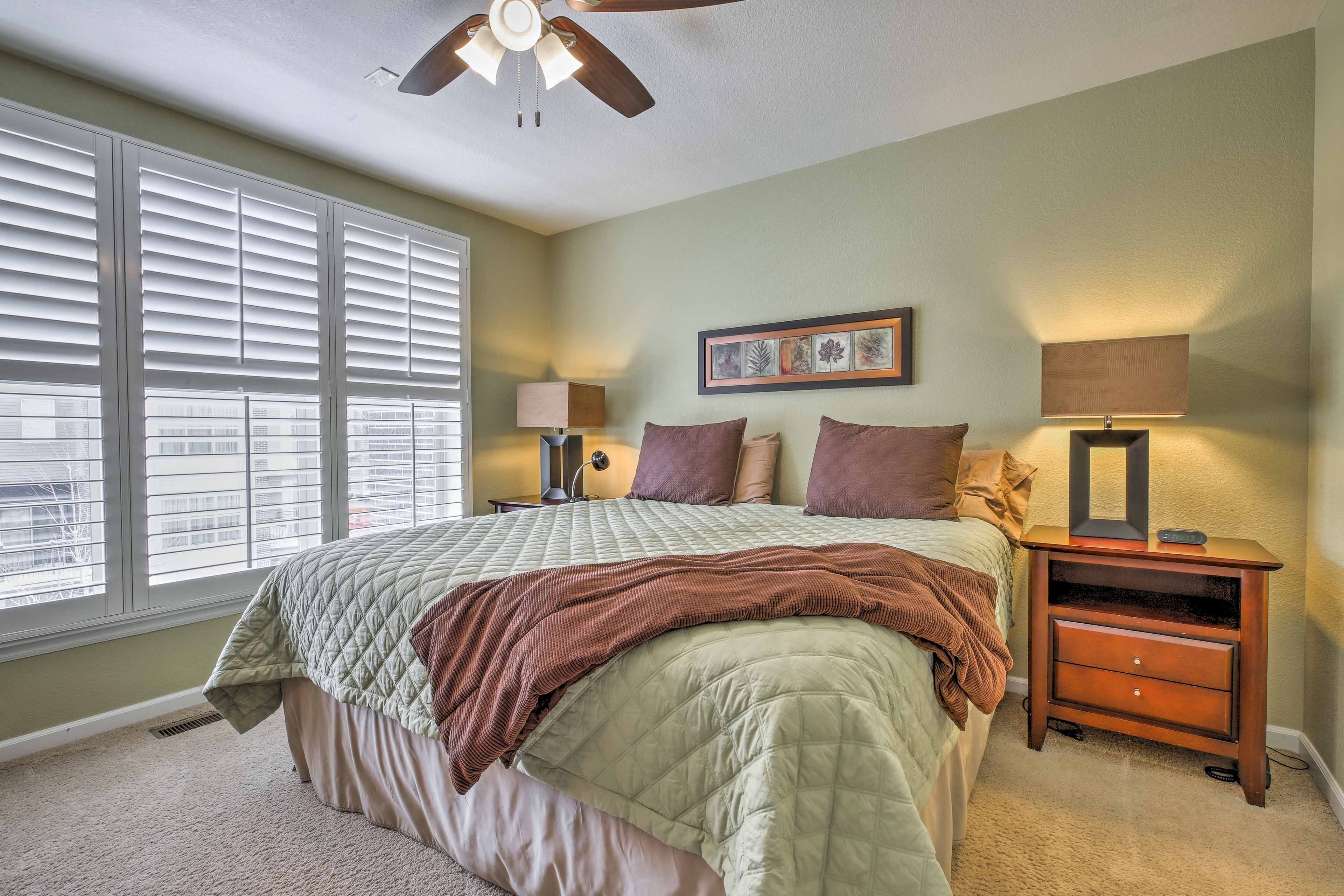 Enjoy peaceful slumbers on the king bed in the first bedroom.