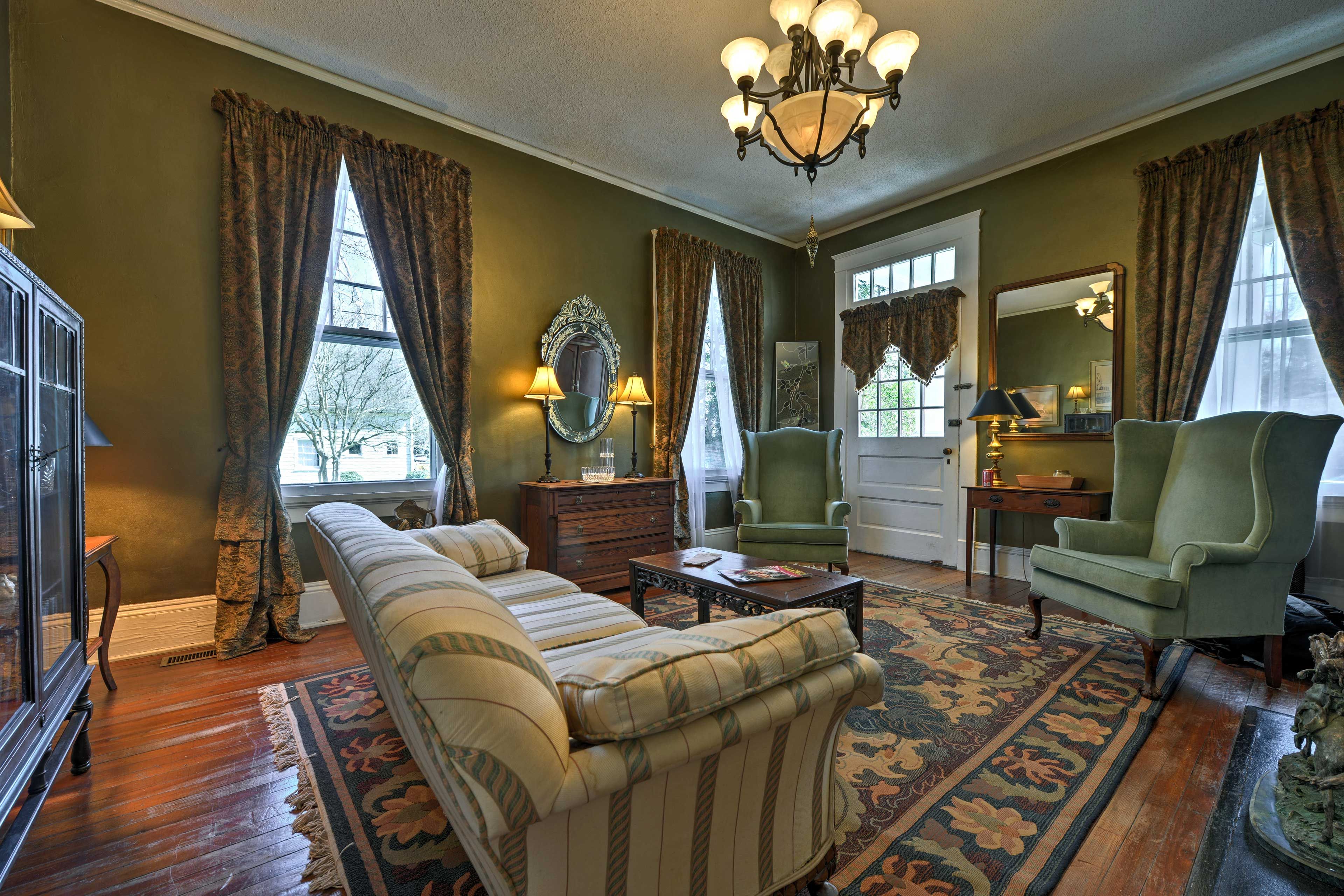 The beautiful interior is adorned with antiques.