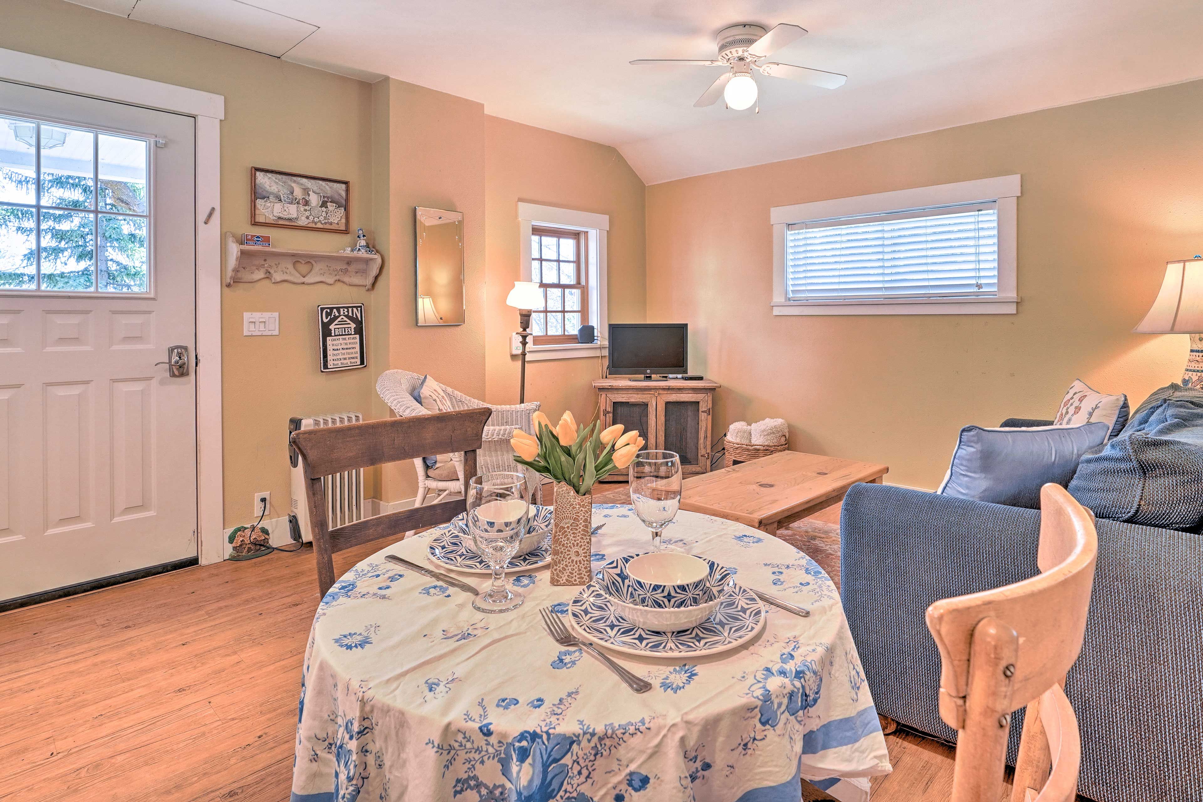 Blue decor throughout make the cottage extra homey and inviting.