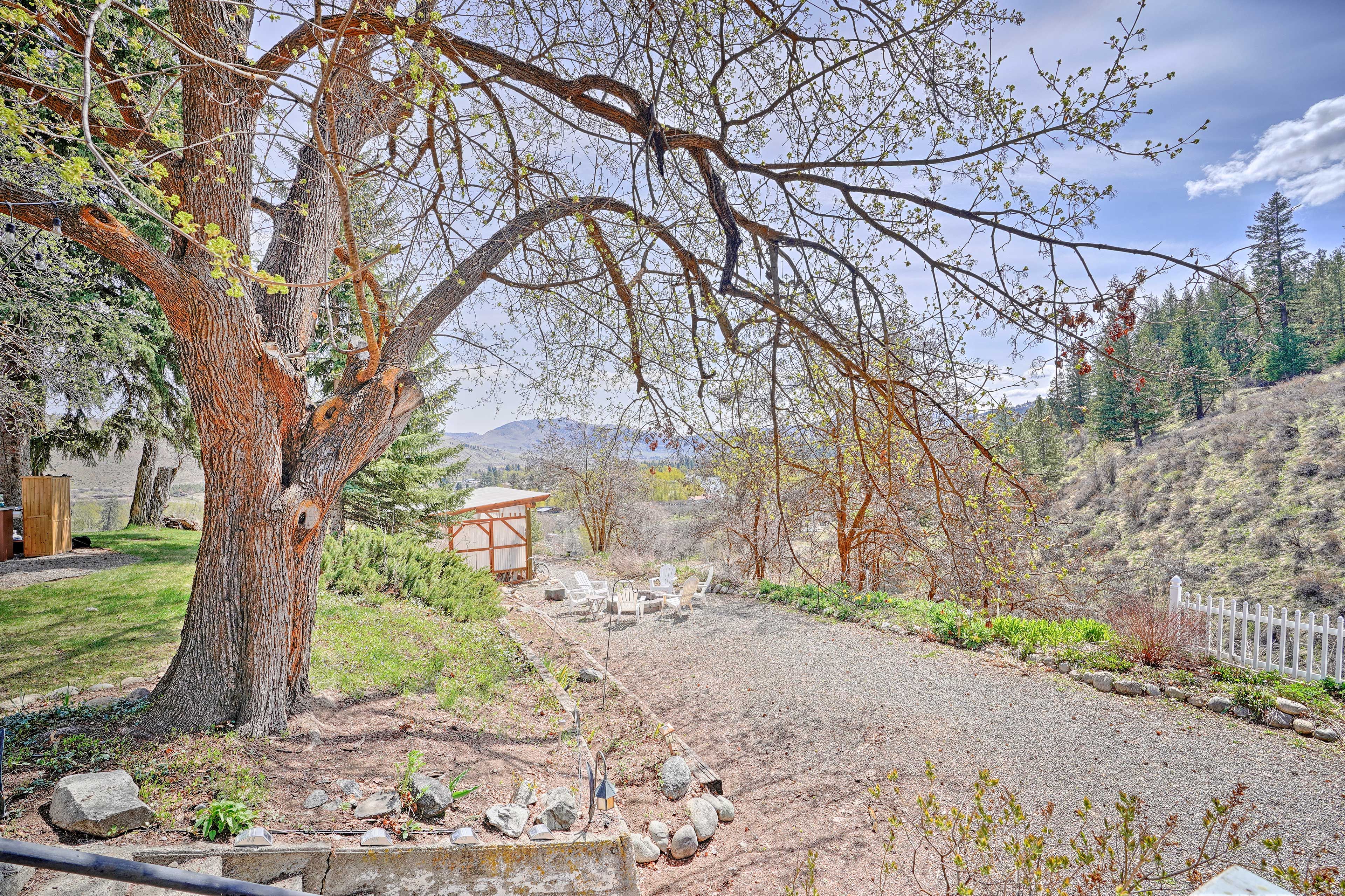 A long driveway ushers you to the firepit and garden.
