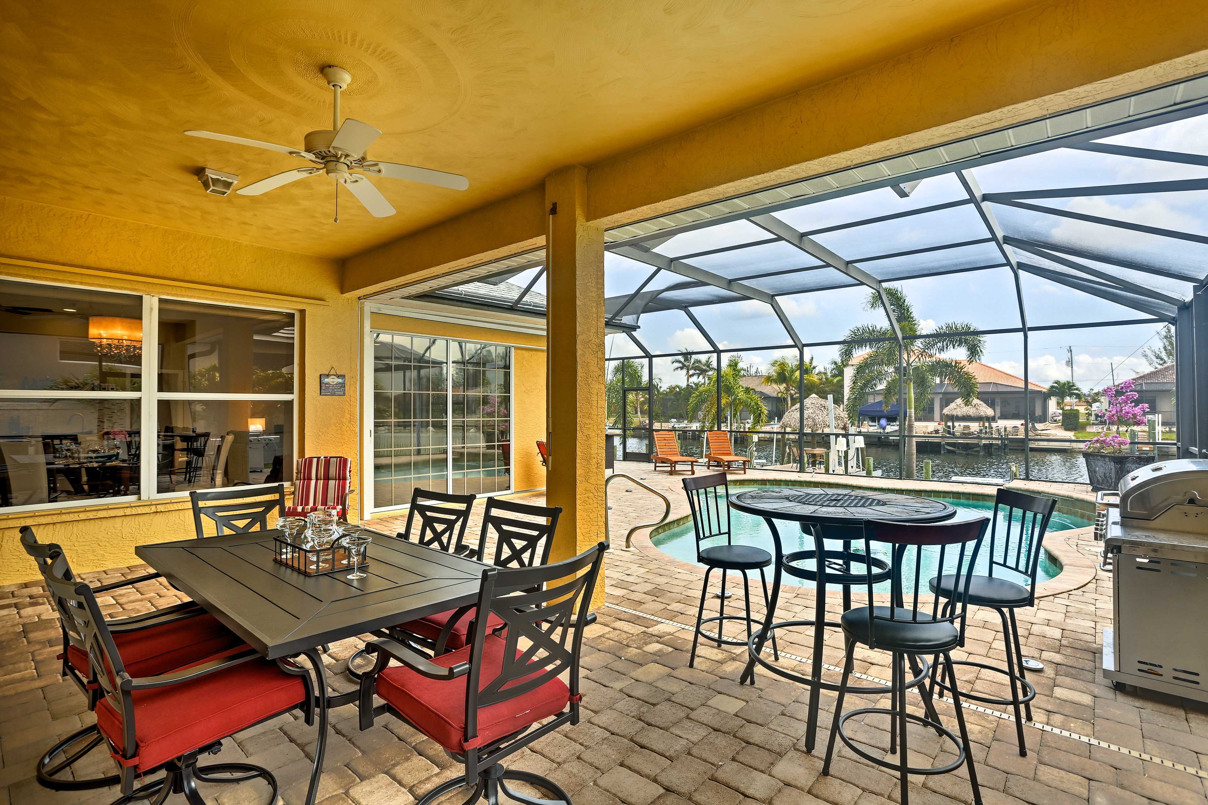 Turn on favorite tunes using the provided Bluetooth system and outdoor speakers.
