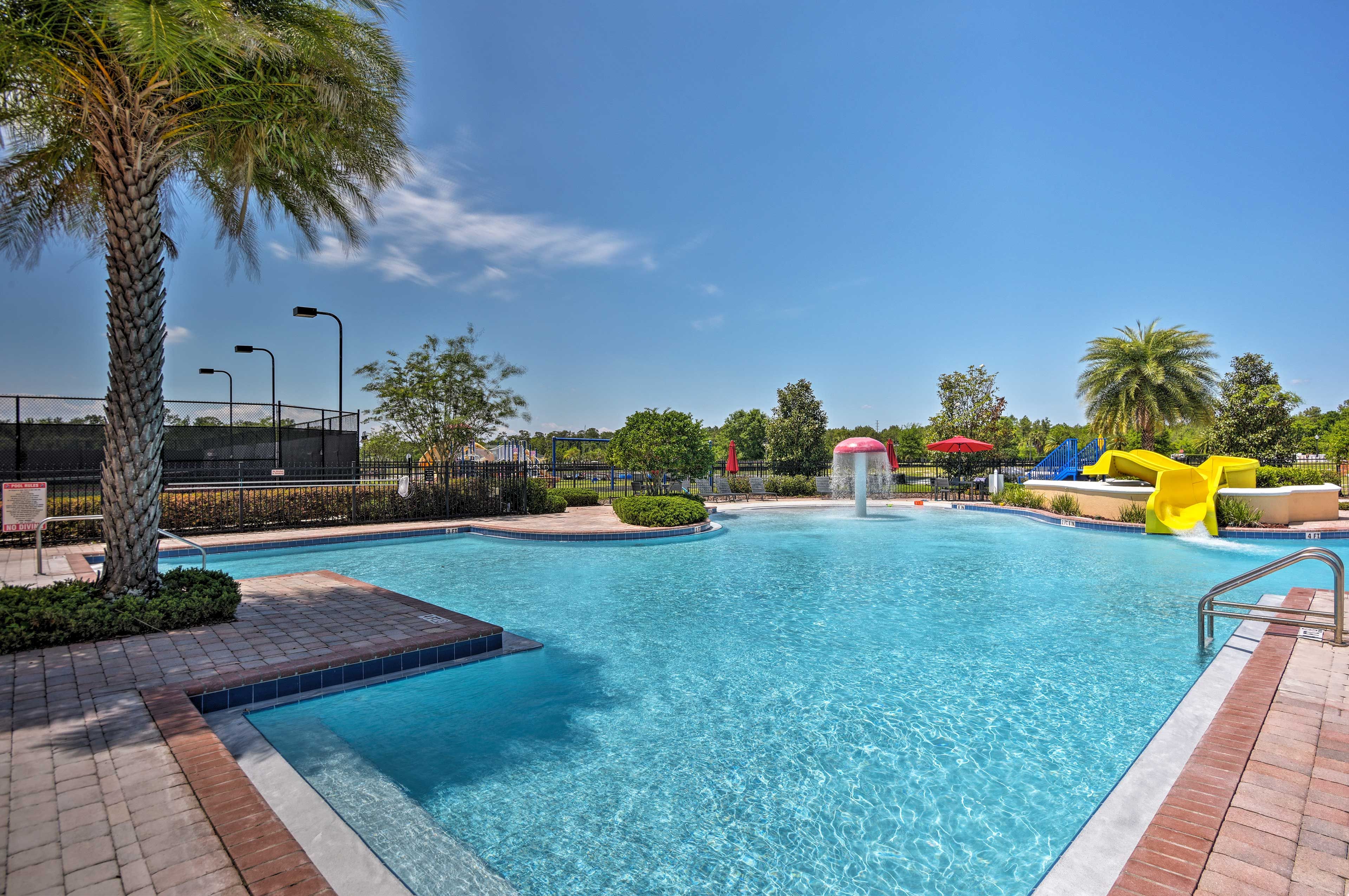 All 9 travelers will like splashing in the community pool.