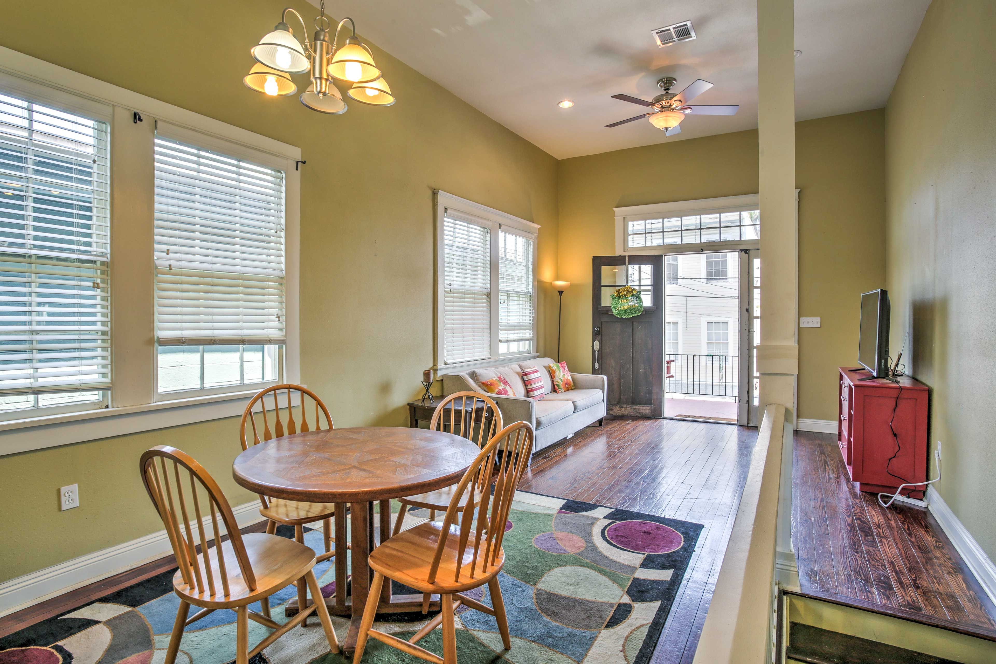 The 1,800-square-foot interior features high ceilings and hardwood floors.