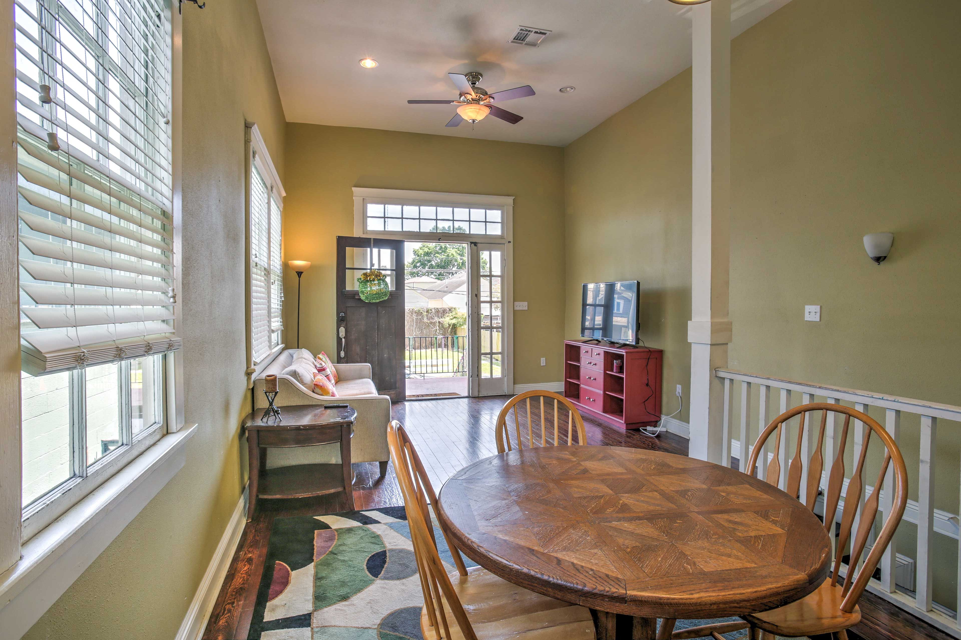 The living area has an open floor plan where your group can easily gather.