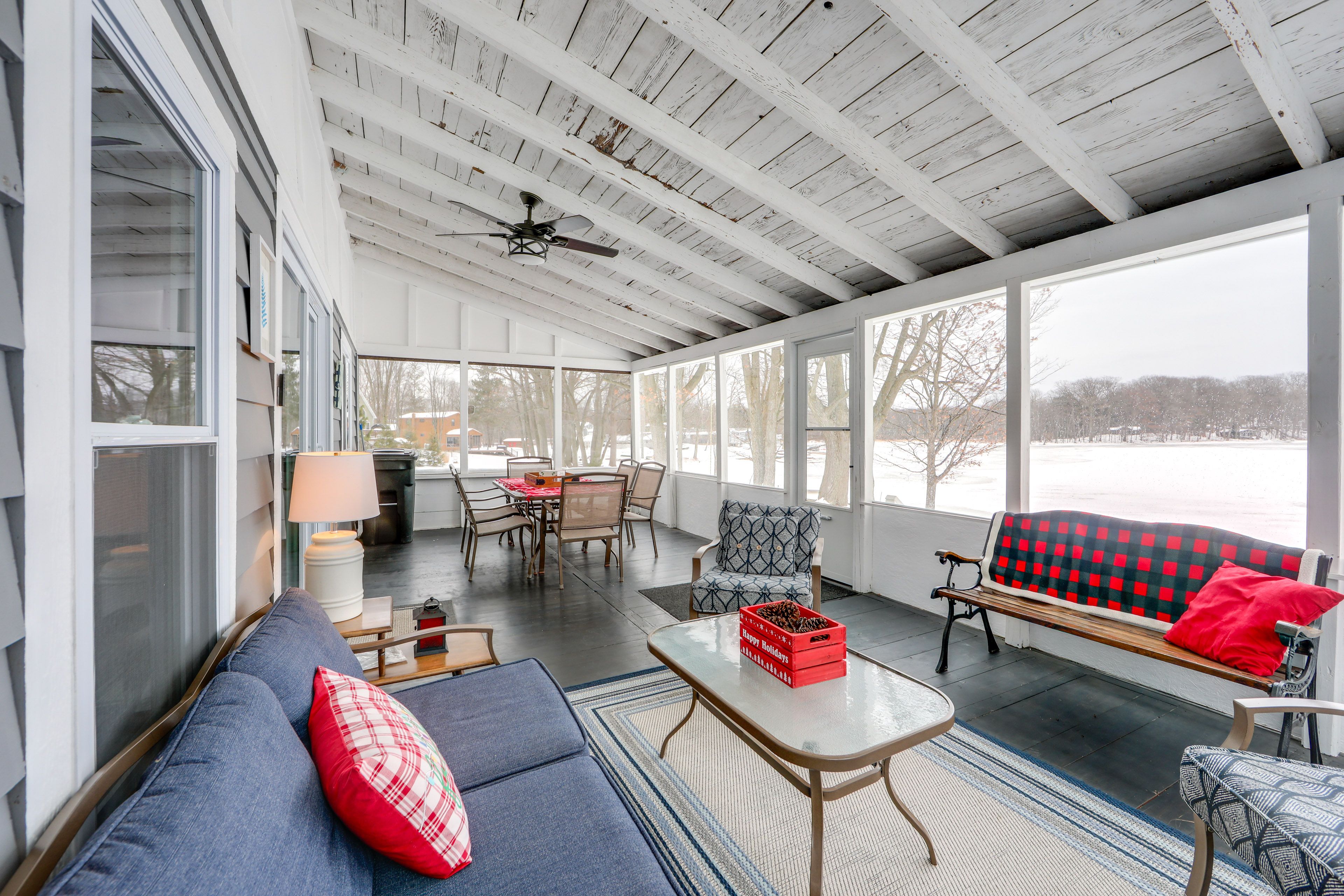 Enclosed Porch | Lake Views | Dining Area