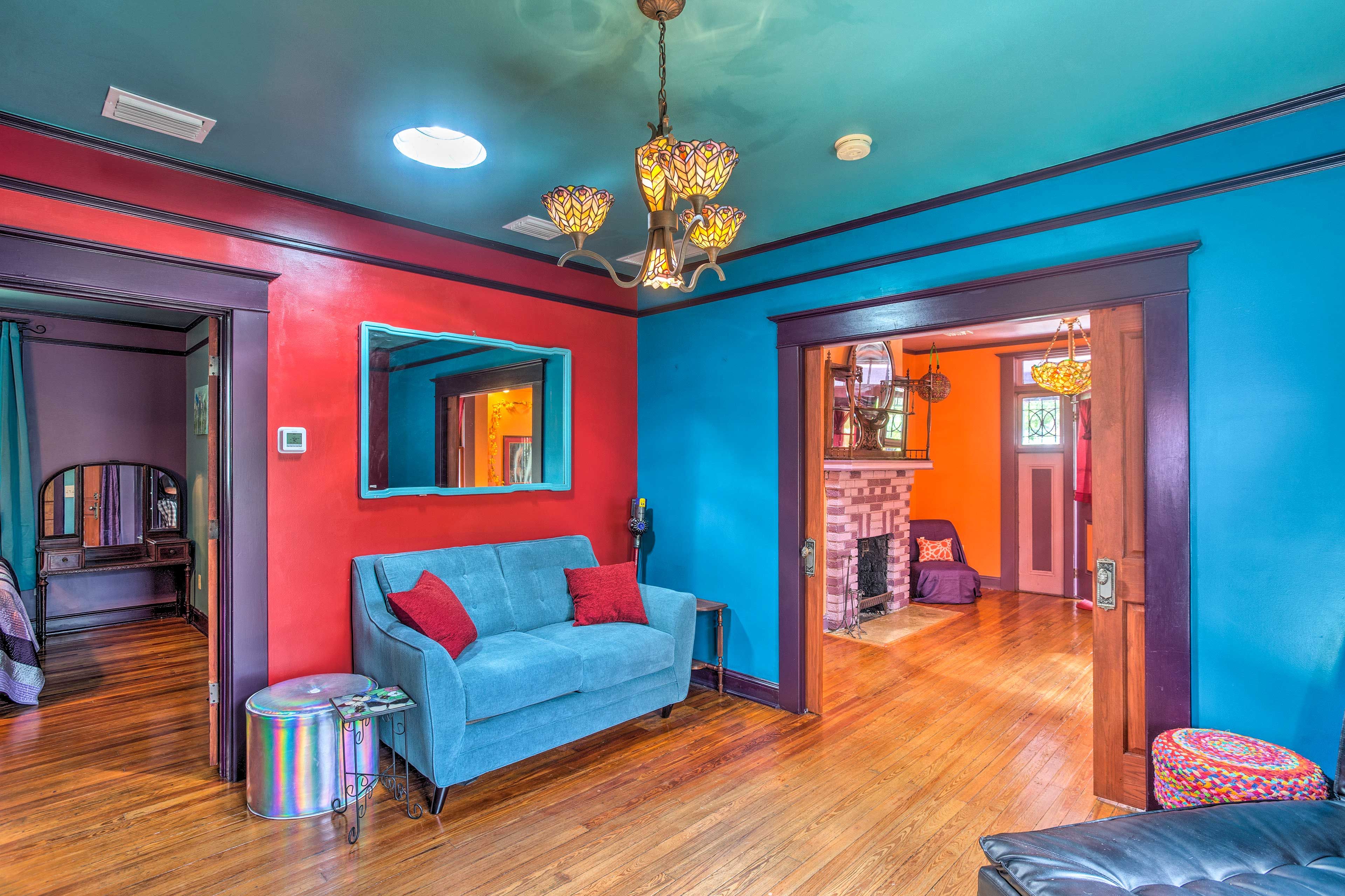 Kick back and relax on the bright blue sofa.