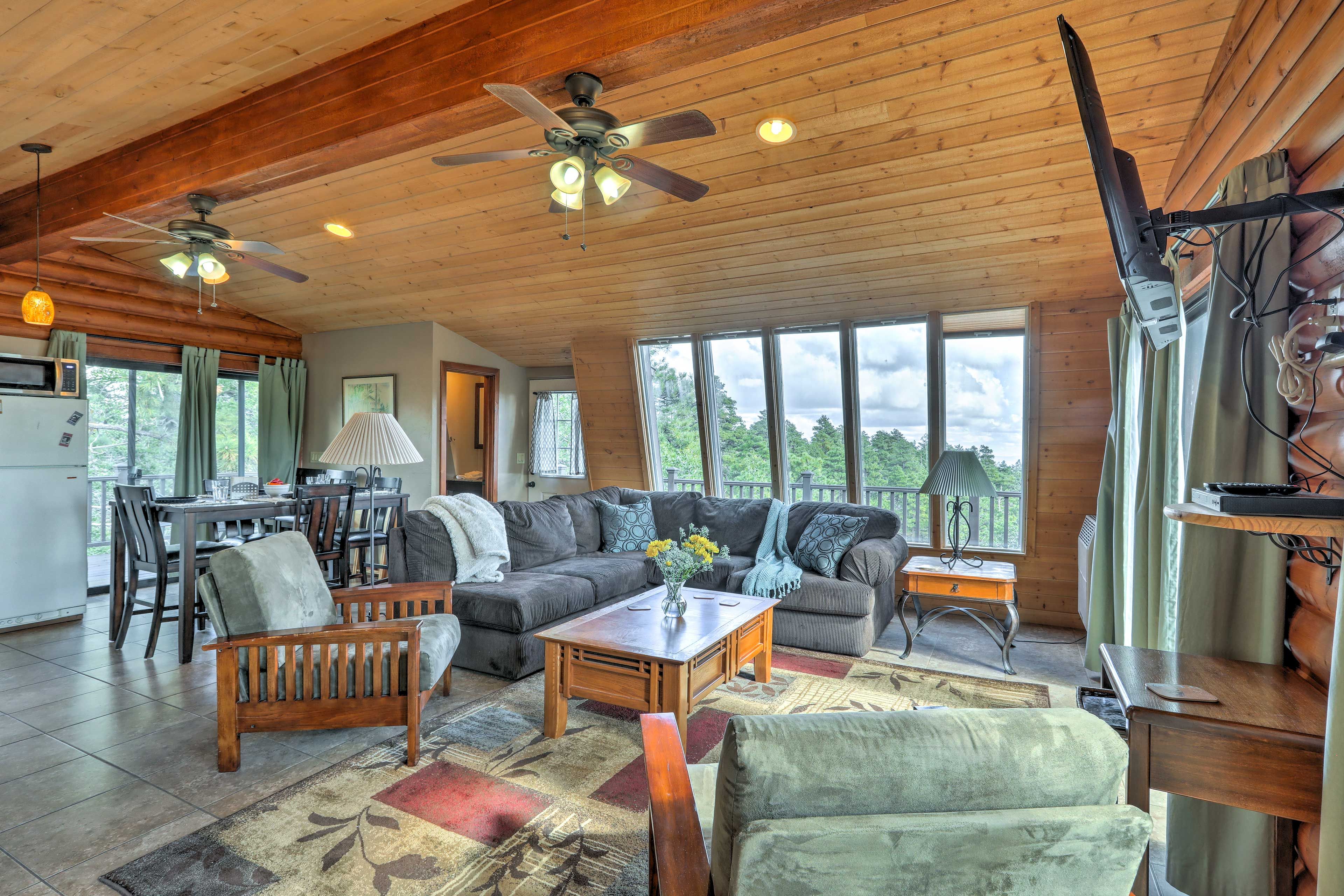 Vaulted ceilings and rustic furnishings elevate this home.