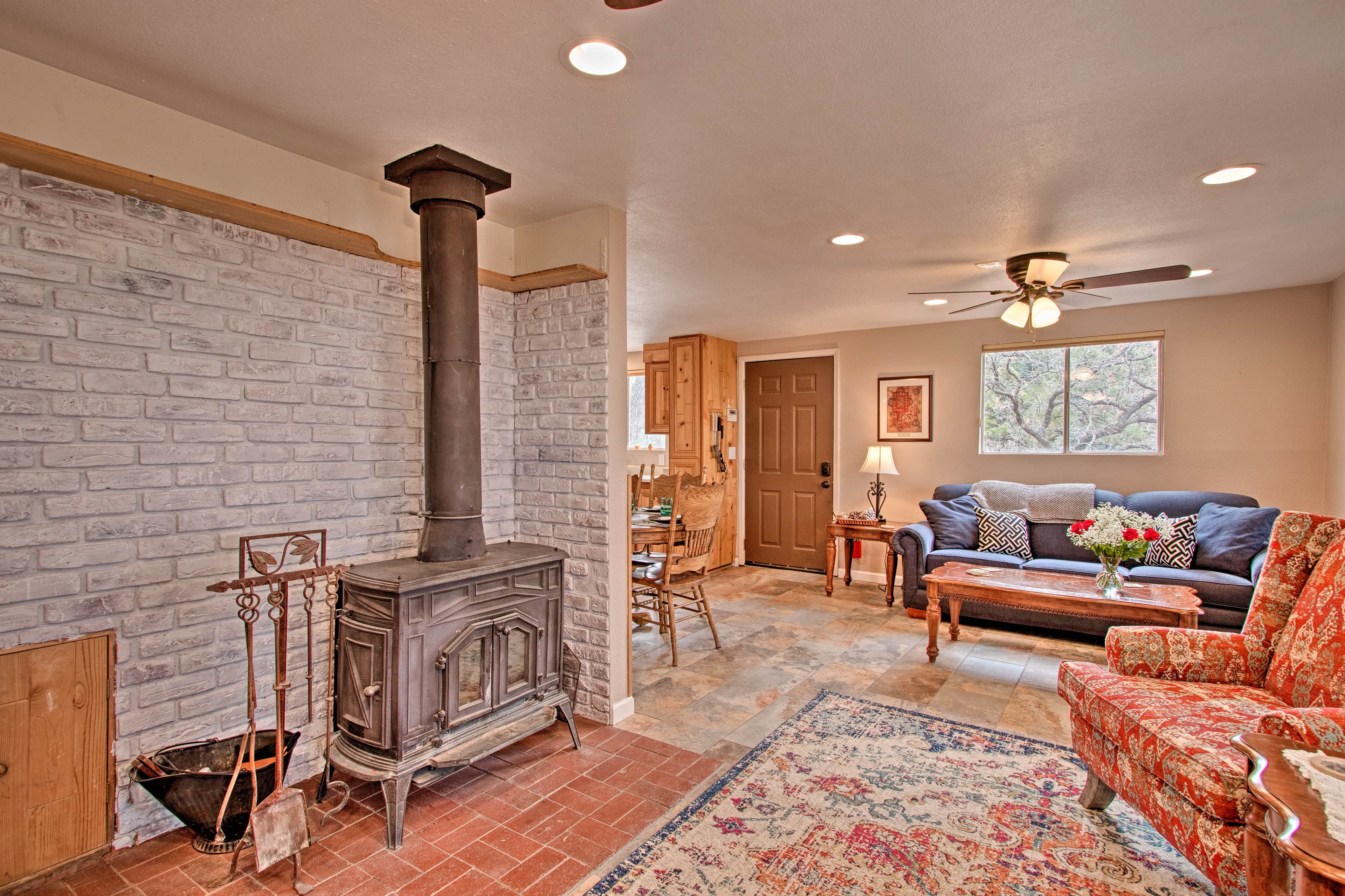 Toss a log in the wood-burning stove on chilly evenings!